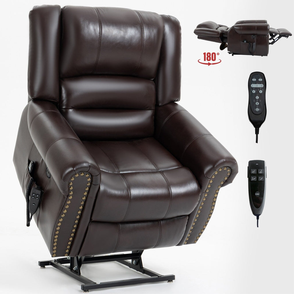 Fauteuil inclinable releveur en similicuir marron avec massage thermique, accès USB et plusieurs réglages d'inclinaison