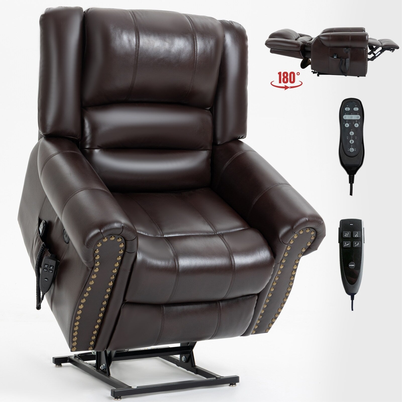 Fauteuil inclinable releveur en similicuir marron avec massage chauffant, accès USB et plusieurs options d'inclinaison