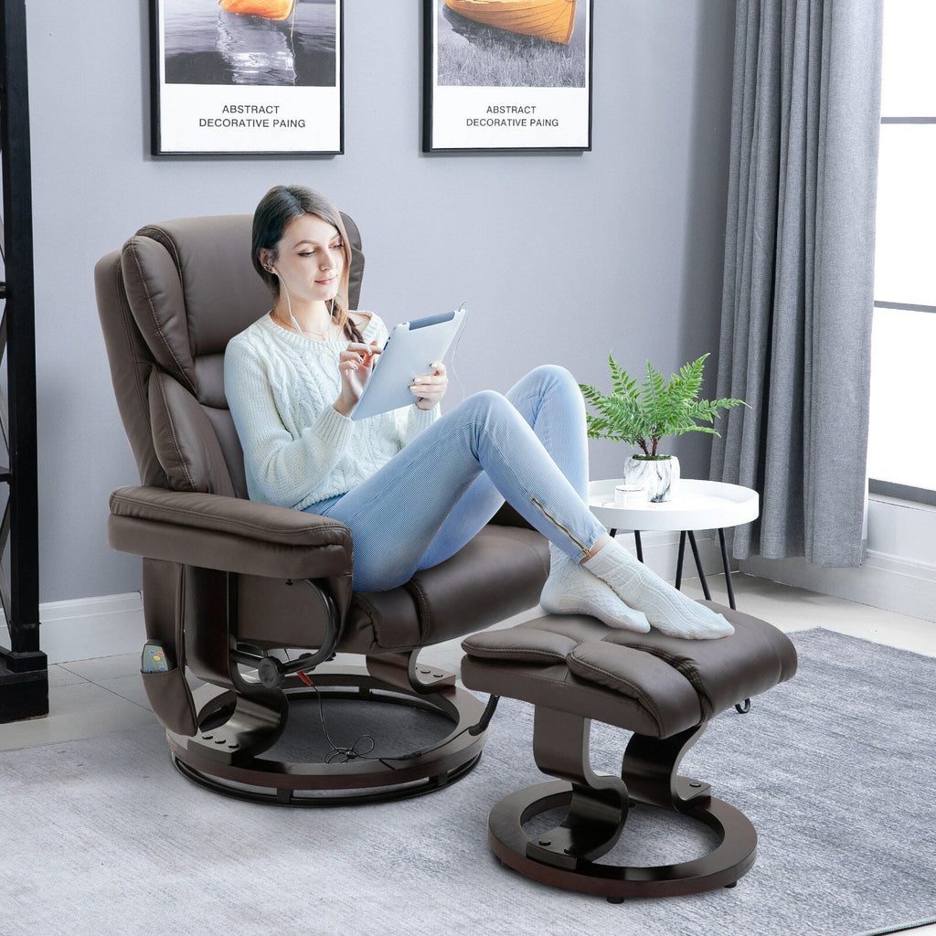 Fauteuil inclinable de massage en similicuir marron avec repose-pieds ottoman, pivotant à 360° et télécommande