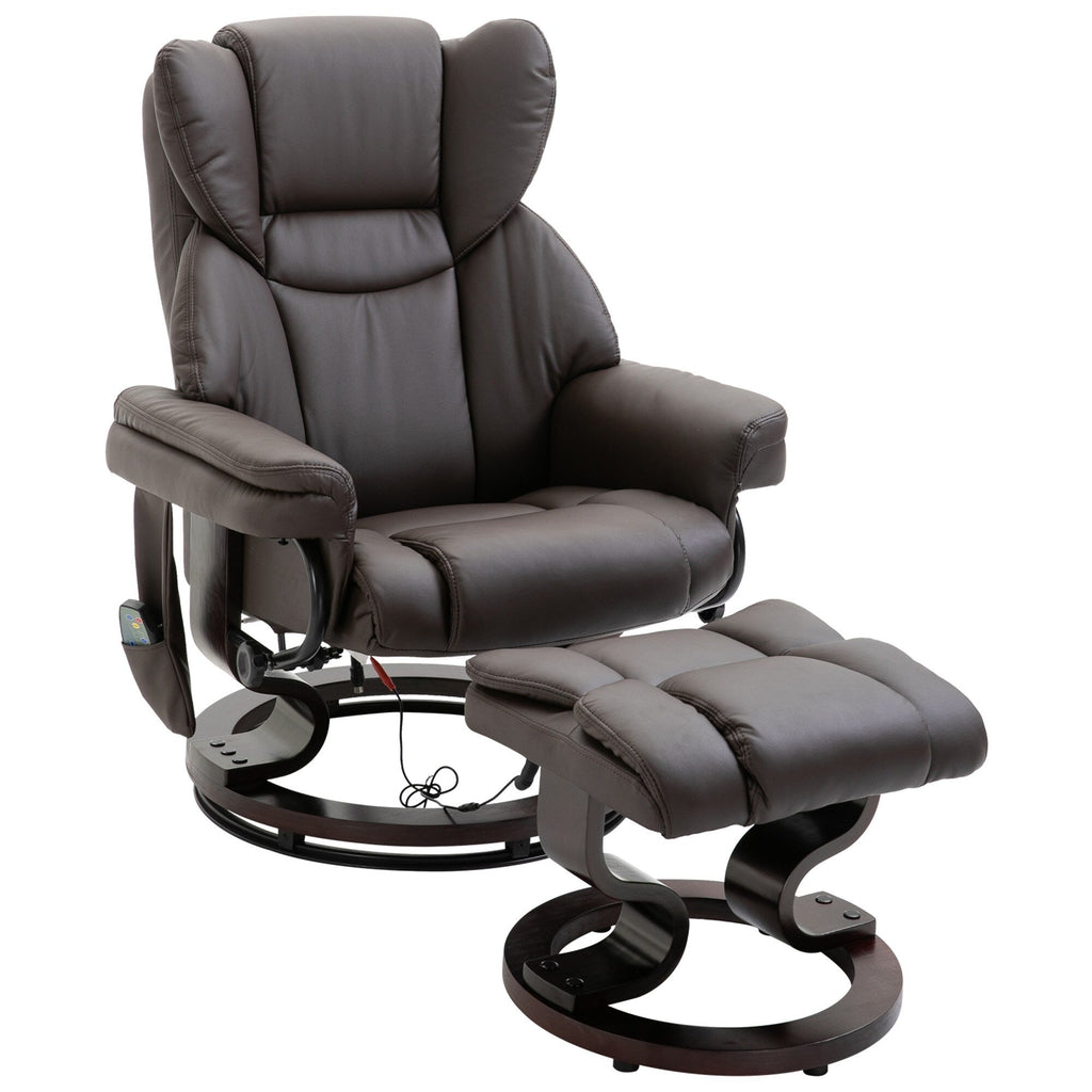 Fauteuil inclinable de massage en similicuir marron avec repose-pieds ottoman, pivotant à 360° et télécommande