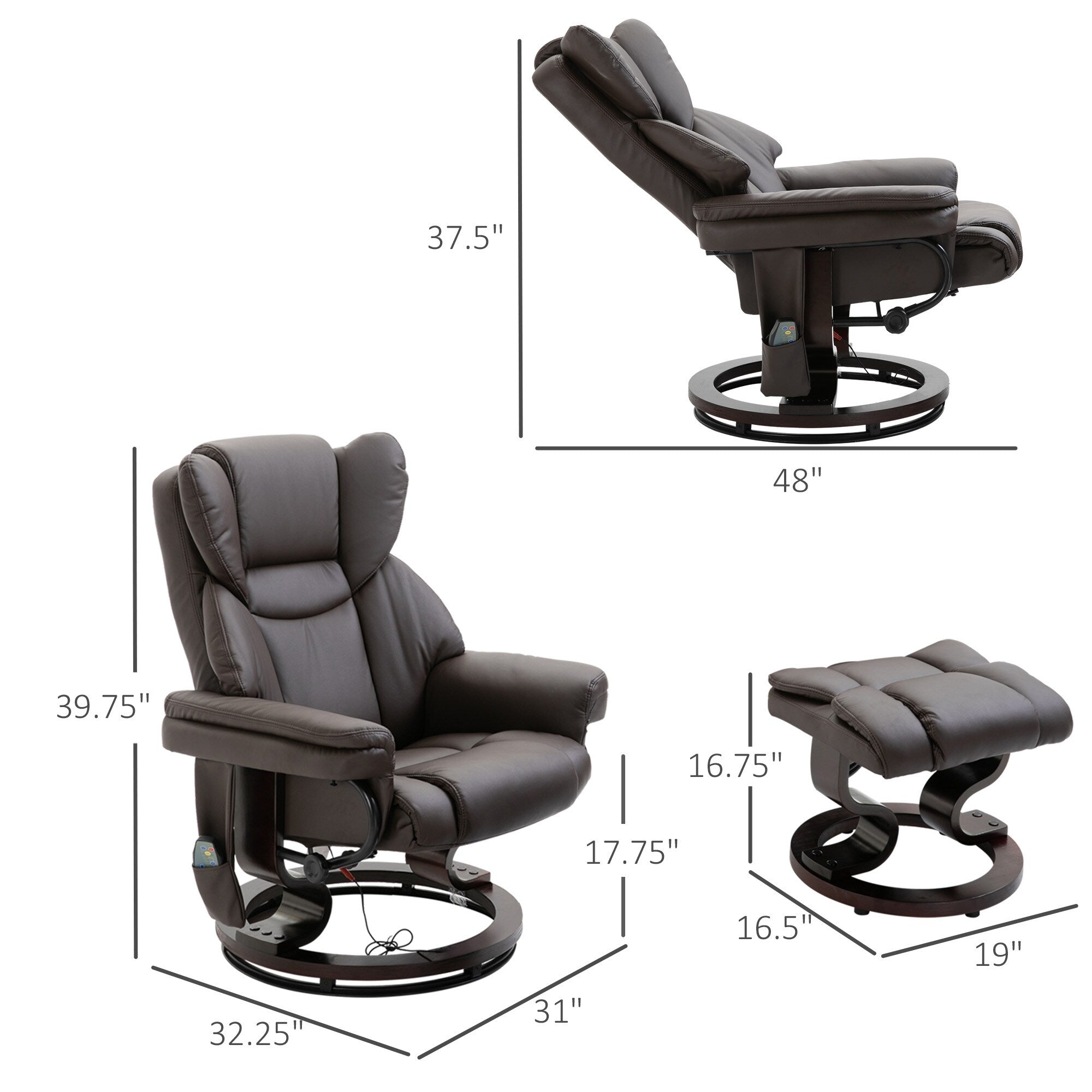Fauteuil inclinable de massage en similicuir marron avec repose-pieds ottoman, pivotant à 360° et télécommande
