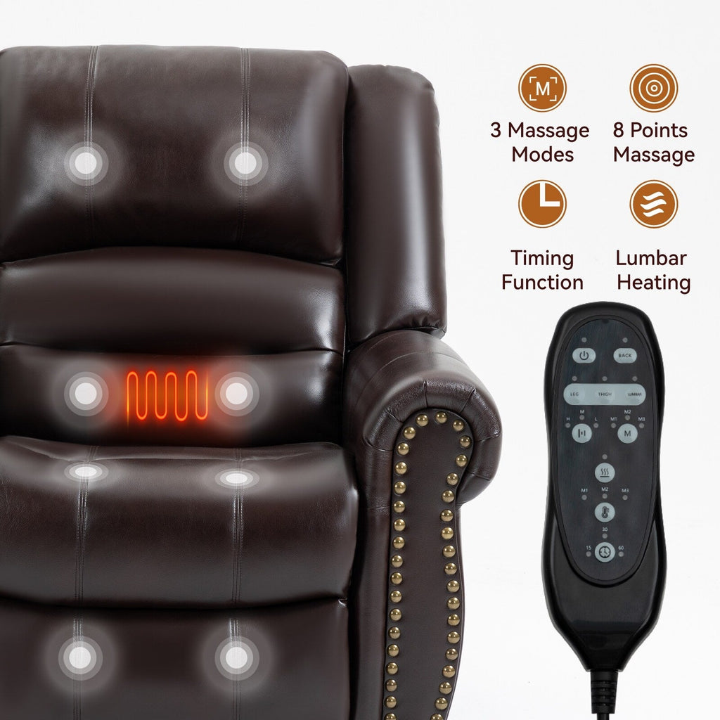 Fauteuil inclinable électrique en similicuir marron avec double moteur, massage thermique, ports USB et inclinaison infinie pour personnes âgées