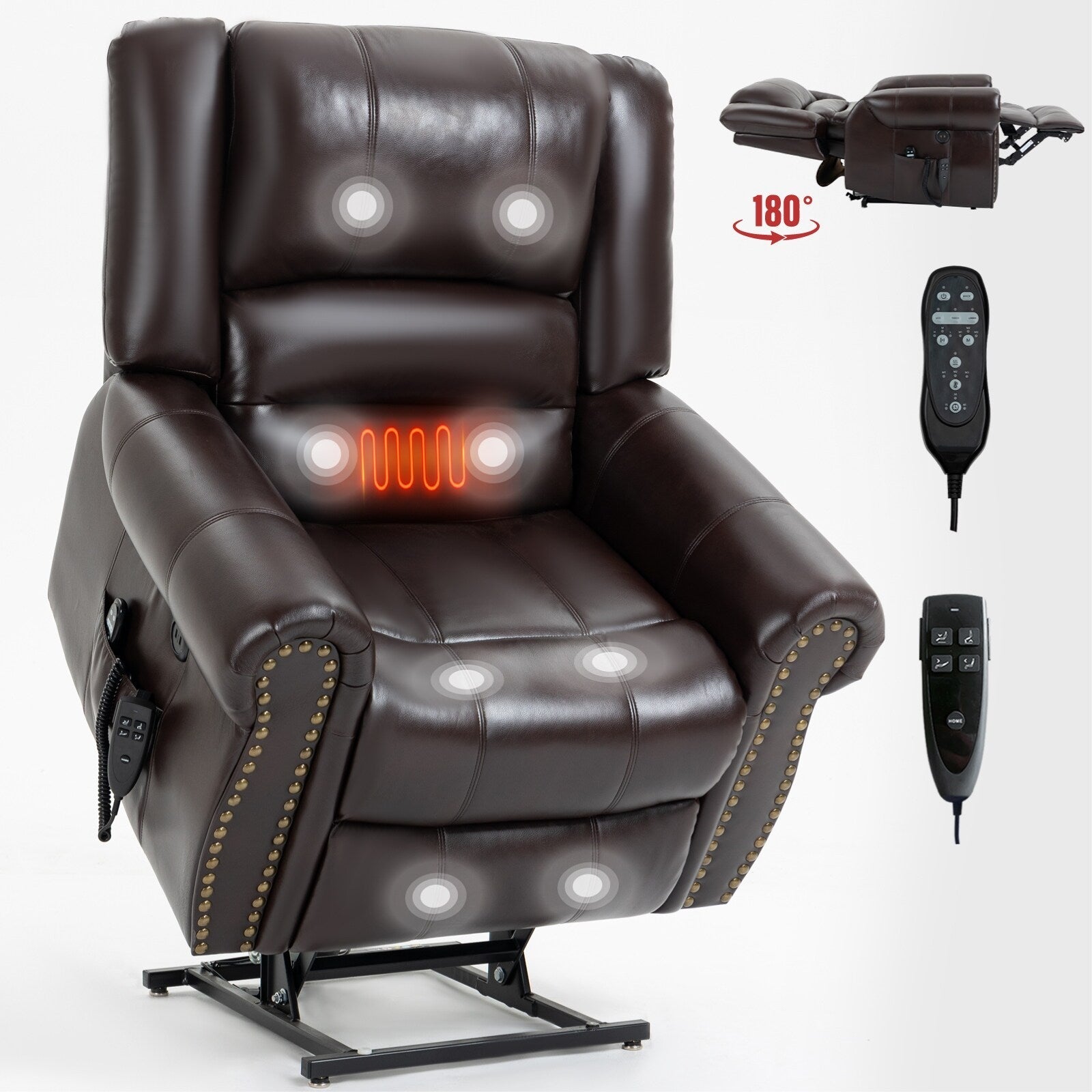 Fauteuil inclinable électrique en similicuir marron avec double moteur, massage thermique, ports USB et inclinaison infinie pour personnes âgées