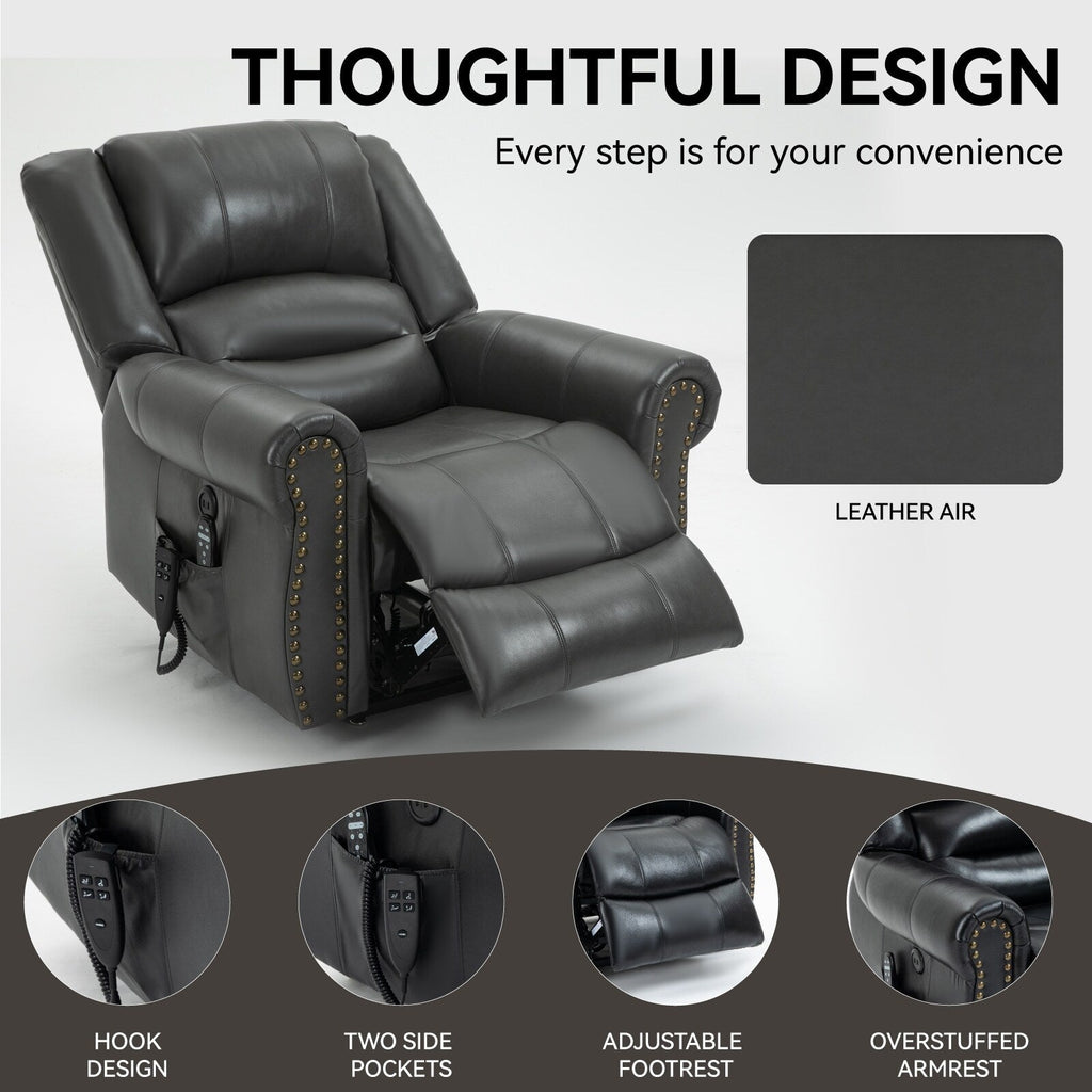 Fauteuil inclinable électrique en similicuir marron avec double moteur, massage thermique, ports USB et inclinaison infinie pour personnes âgées