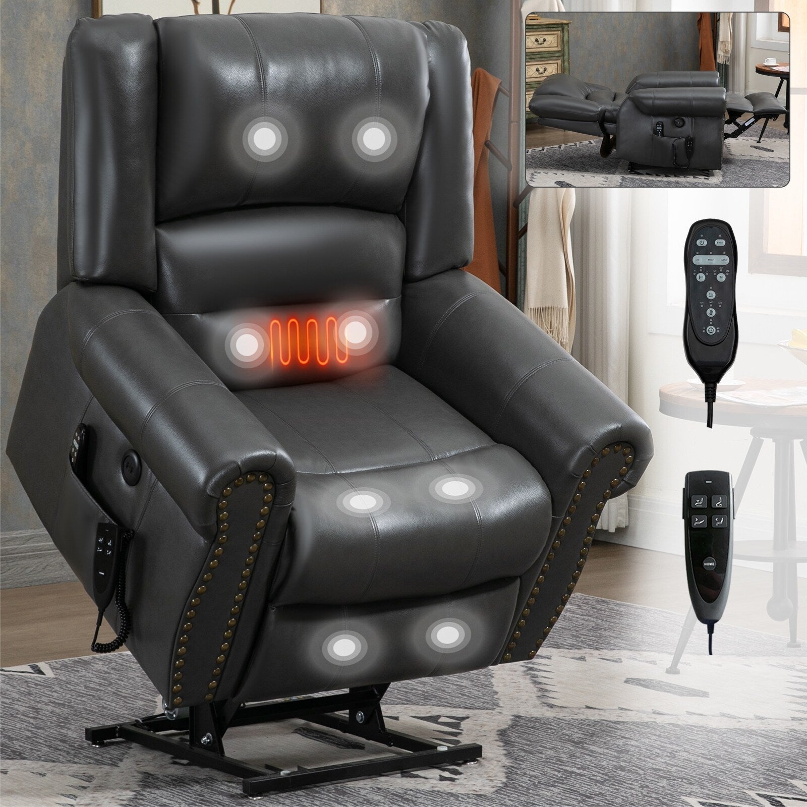 Fauteuil inclinable électrique en similicuir marron avec massage thermique, connectivité USB et plusieurs positions d'inclinaison