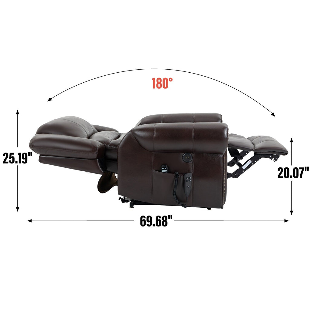 Fauteuil inclinable électrique en similicuir marron avec massage thermique, port USB et inclinaison infinie