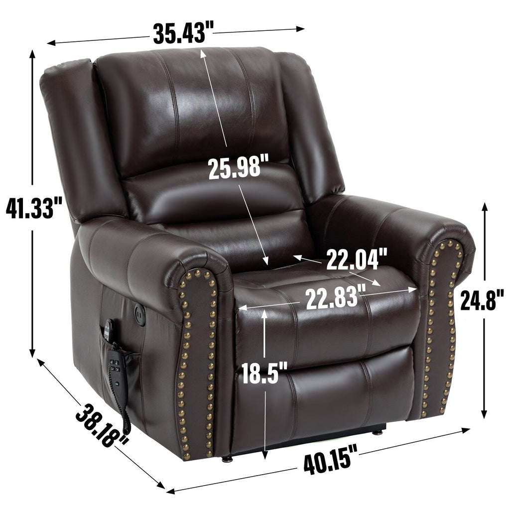 Fauteuil inclinable électrique en similicuir marron avec massage thermique, port USB et inclinaison infinie