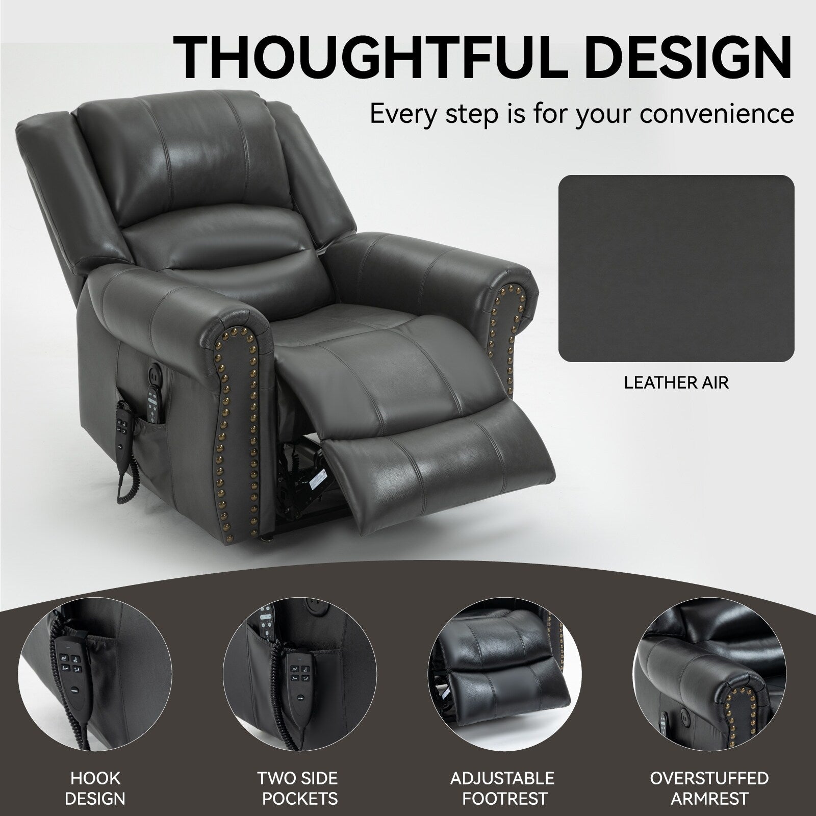 Fauteuil inclinable électrique en similicuir marron avec massage thermique, port USB et inclinaison infinie