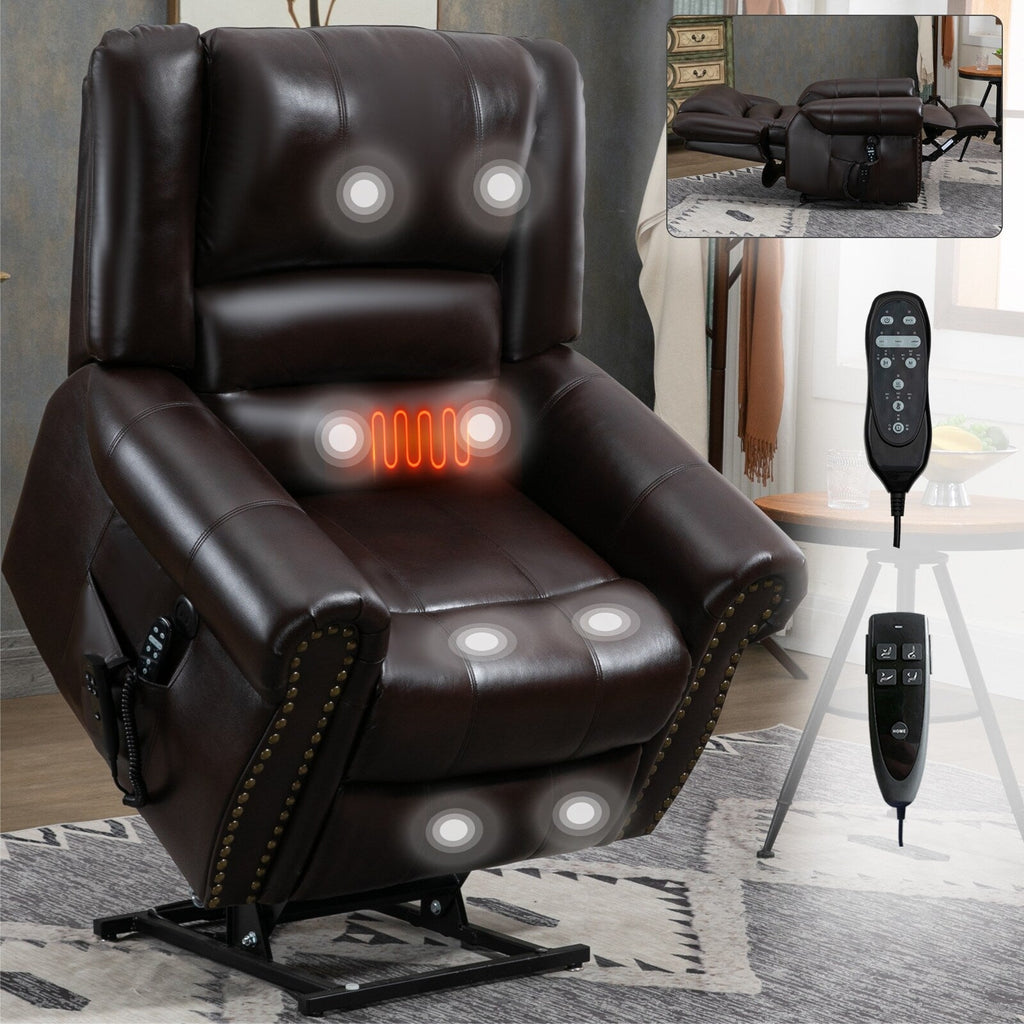 Fauteuil inclinable électrique en similicuir marron avec massage chauffant, connectivité USB et plusieurs positions d'inclinaison