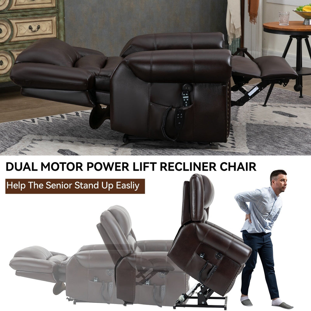 Fauteuil inclinable électrique en similicuir marron avec massage chauffant, connectivité USB et plusieurs positions d'inclinaison