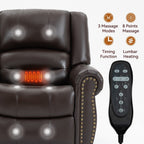 Fauteuil inclinable électrique en cuir véritable marron avec double moteur, massage par vibrations à 8 points, chauffant et ports USB