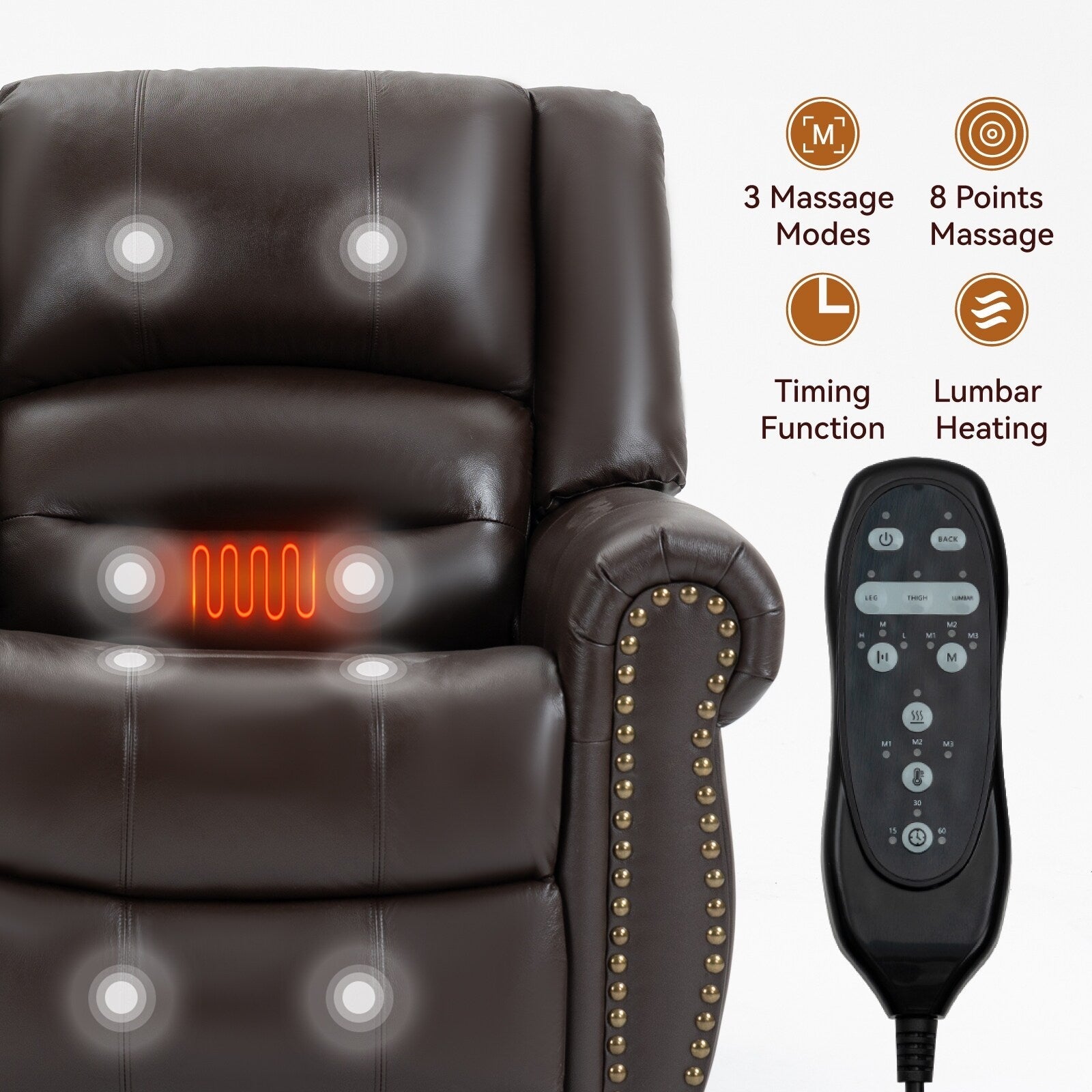 Fauteuil inclinable électrique en cuir véritable marron avec double moteur, massage par vibrations à 8 points, chauffant et ports USB