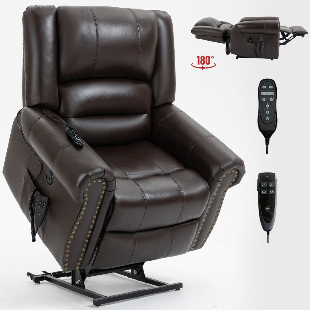 Fauteuil inclinable électrique en cuir véritable marron avec double moteur, massage par vibrations à 8 points, chauffant et ports USB