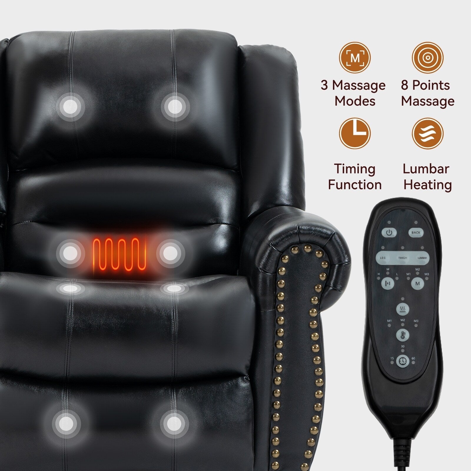 Fauteuil inclinable électrique en cuir véritable marron avec double moteur, massage par vibrations à 8 points, chauffant et ports USB