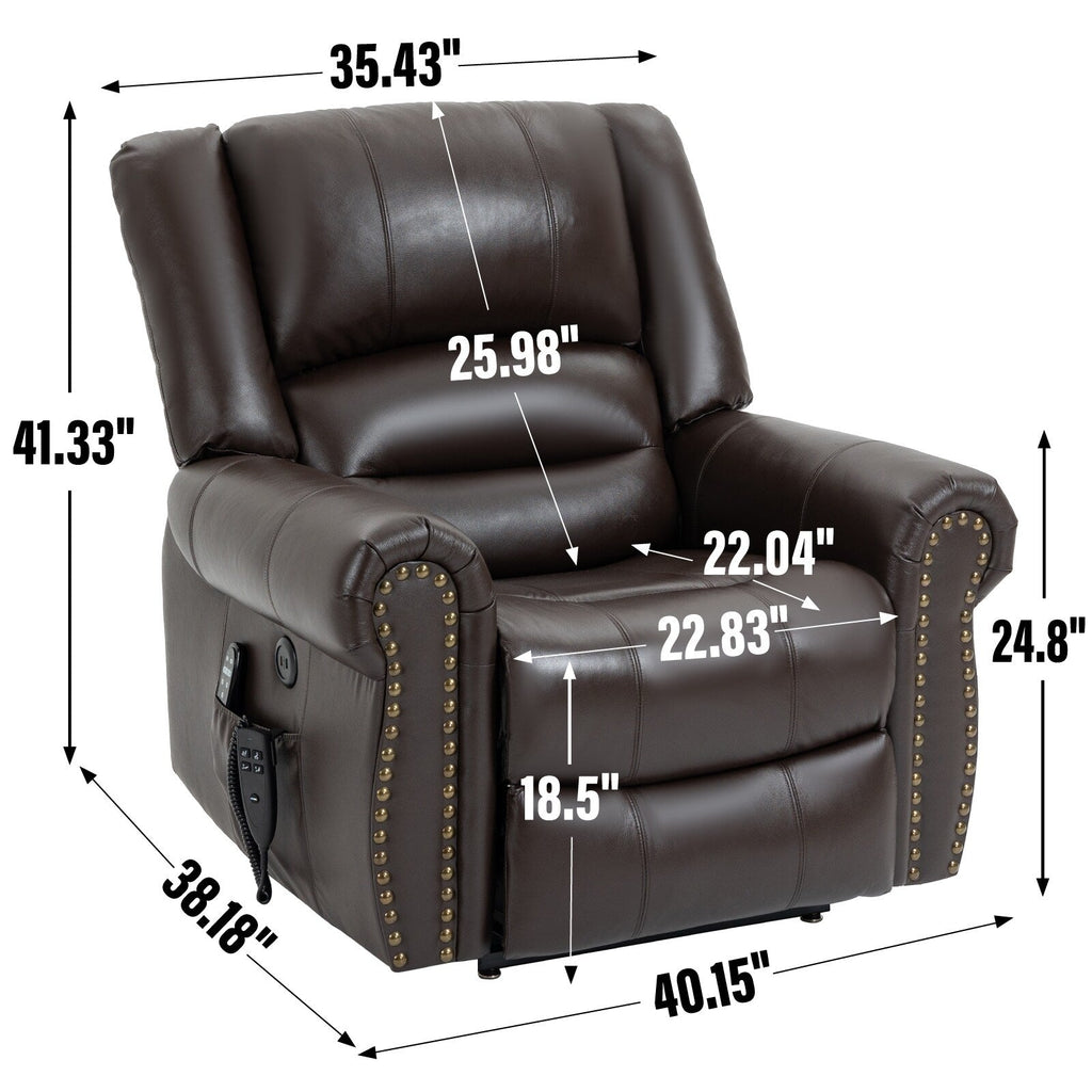 Fauteuil inclinable électrique en cuir véritable marron avec double moteur, massage par vibrations à 8 points, chauffant et ports USB