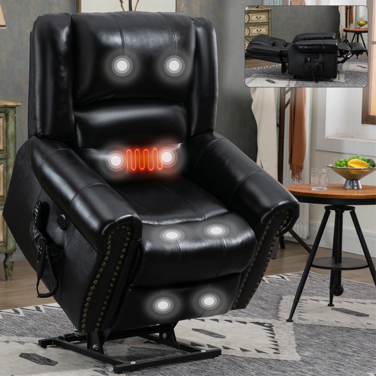 Fauteuil inclinable électrique en cuir véritable marron avec double moteur, massage thermique, ports USB et inclinaison infinie