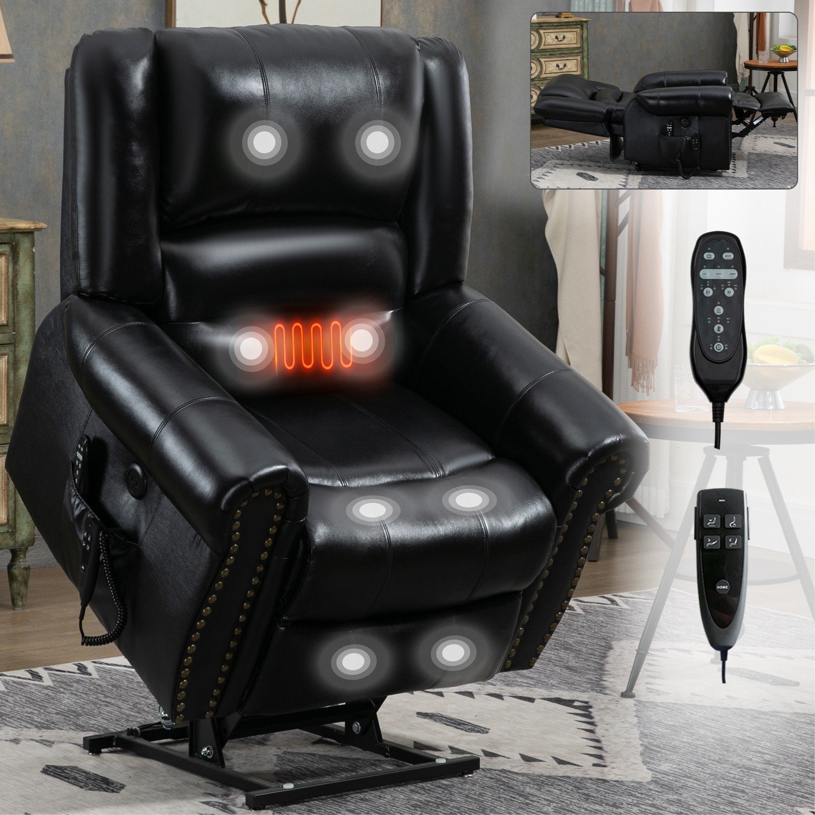 Fauteuil inclinable électrique en cuir véritable marron avec double moteur, massage thermique, ports USB et inclinaison infinie