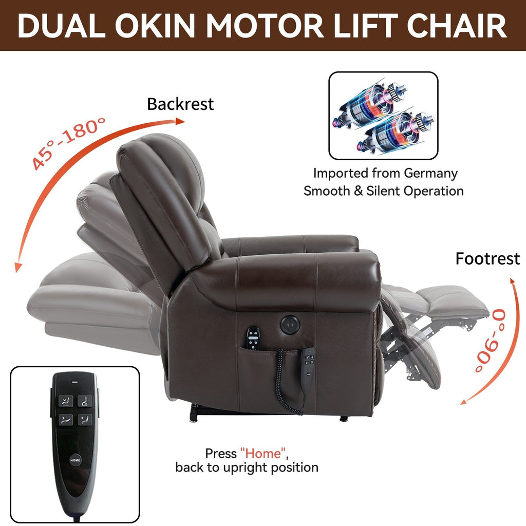 Fauteuil inclinable électrique en cuir véritable marron avec double moteur, massage thermique, ports USB et inclinaison infinie