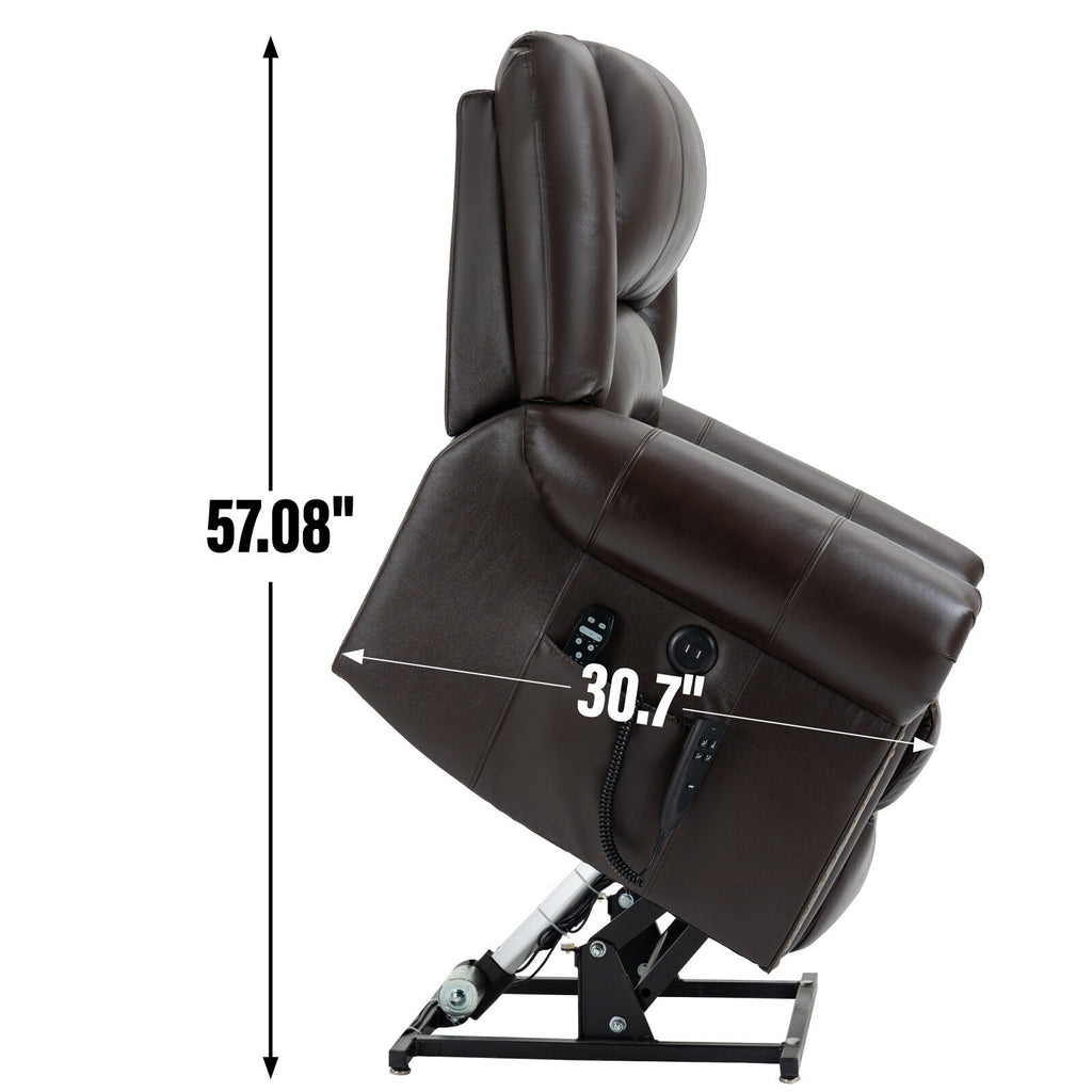 Fauteuil inclinable électrique en cuir véritable marron avec double moteur, massage thermique, ports USB et inclinaison infinie