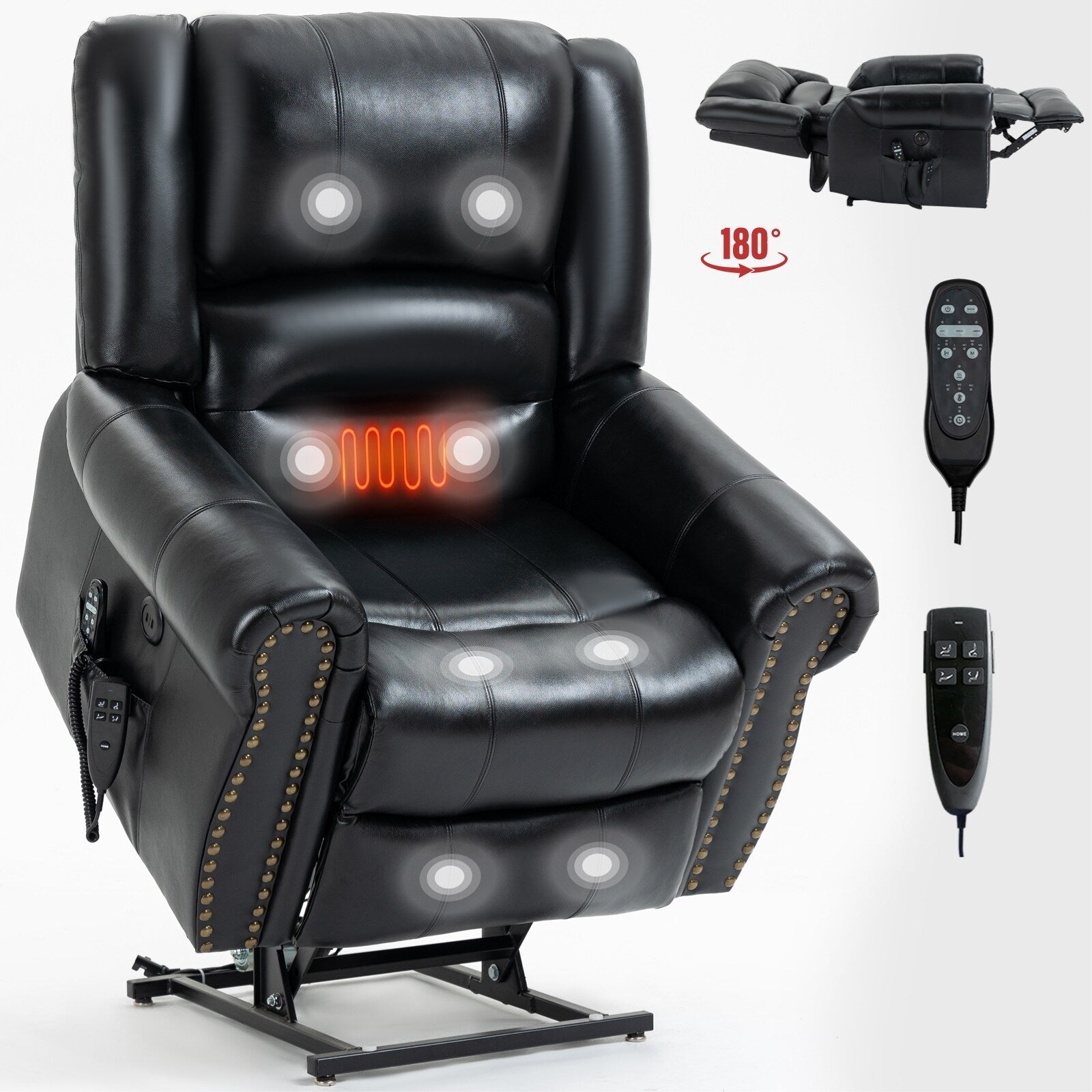 Fauteuil inclinable électrique en cuir véritable marron avec deux moteurs, massage chauffant, ports USB et fonction d'inclinaison complète