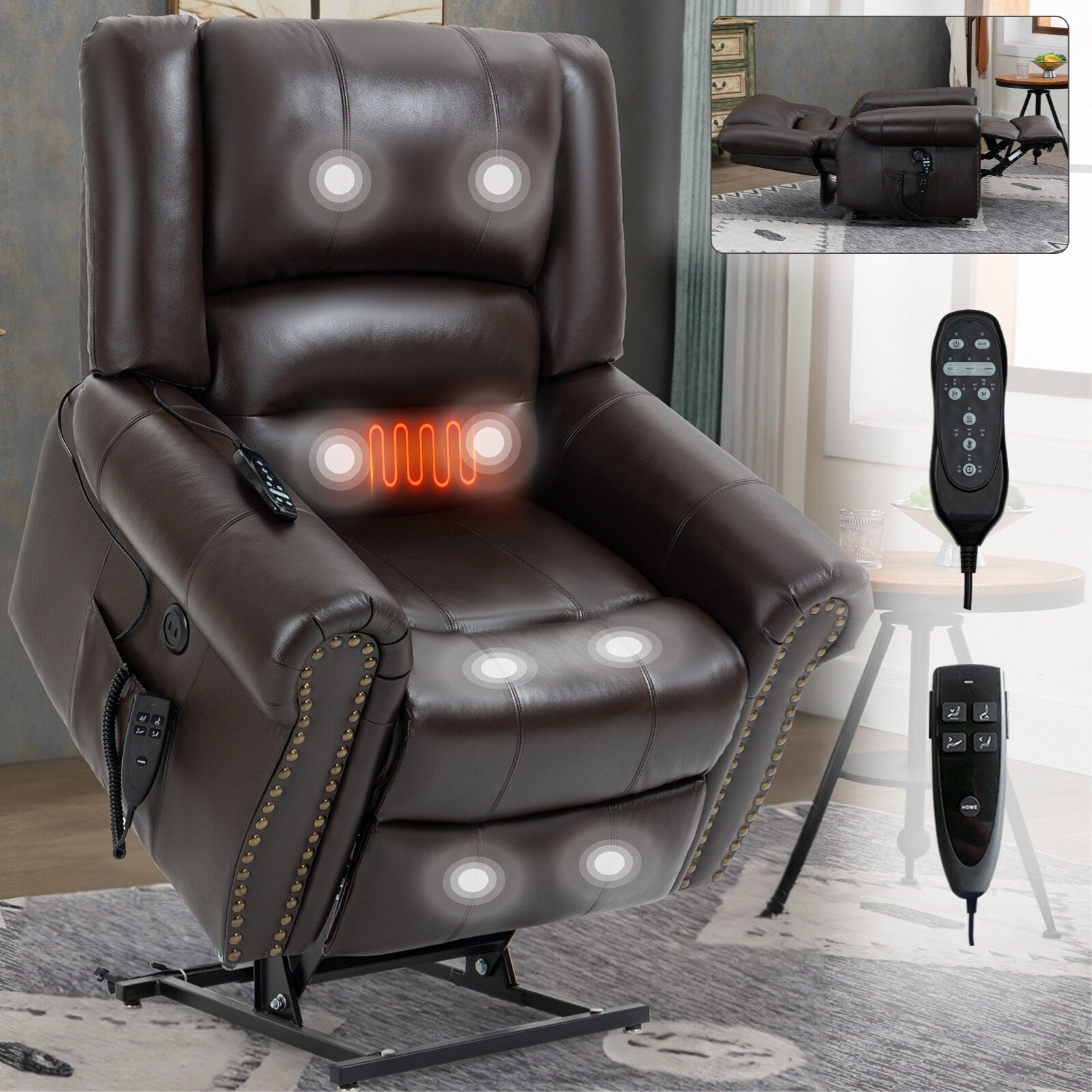 Fauteuil inclinable électrique en cuir véritable marron avec deux moteurs, massage chauffant, ports USB et fonction d'inclinaison complète