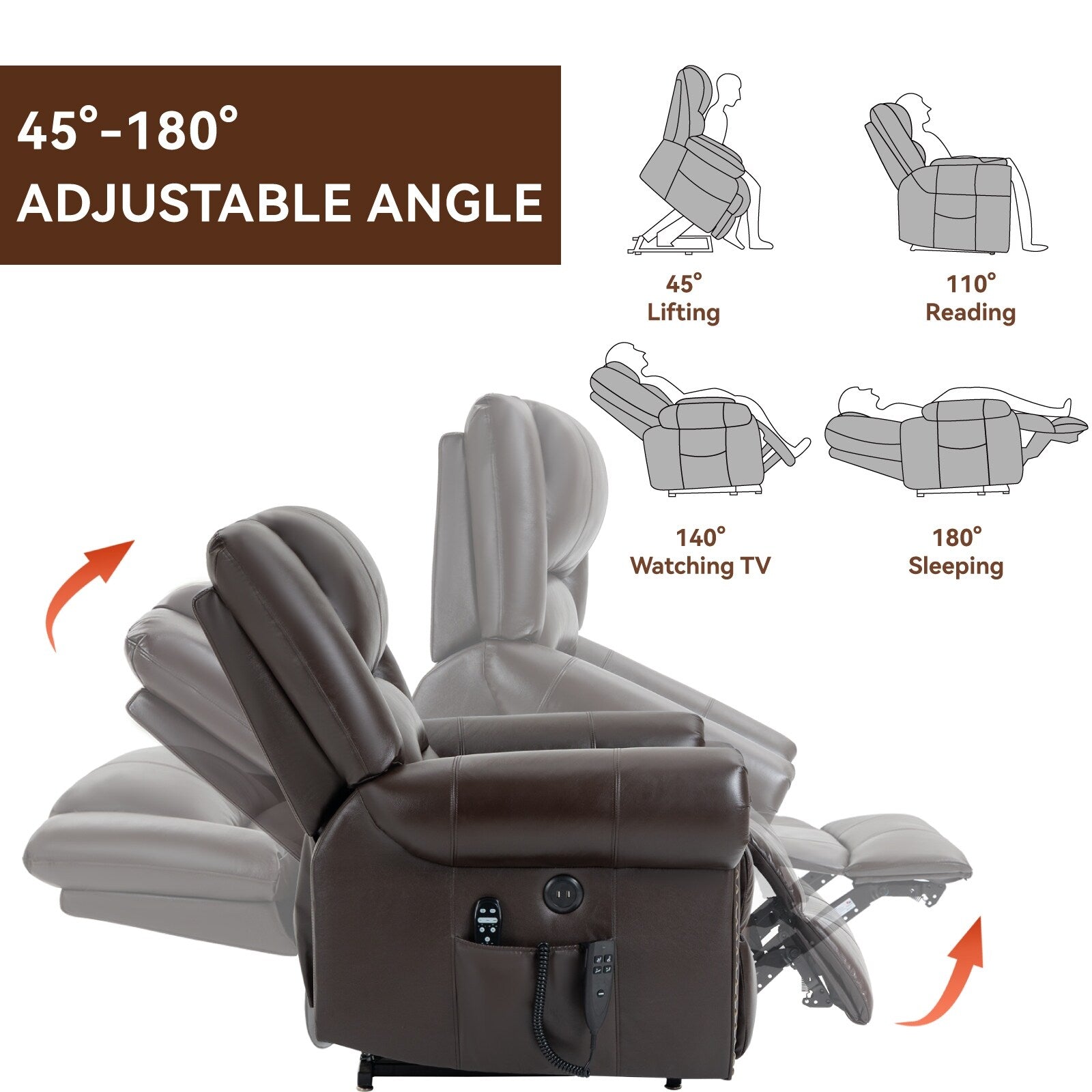 Fauteuil inclinable électrique en cuir véritable marron avec deux moteurs, massage chauffant, ports USB et inclinaison personnalisable