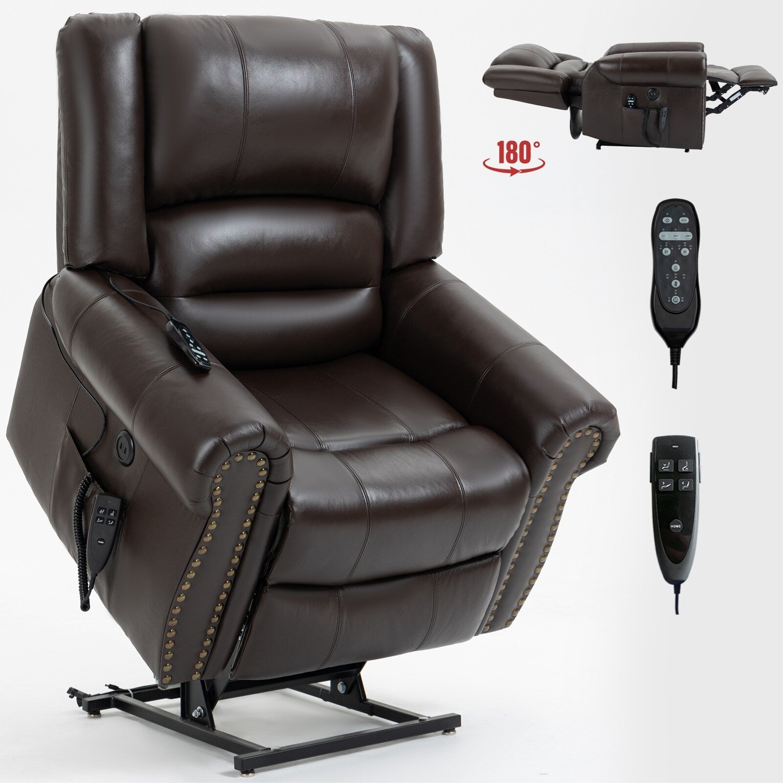 Fauteuil inclinable électrique en cuir véritable marron avec chauffage, massage et ports USB