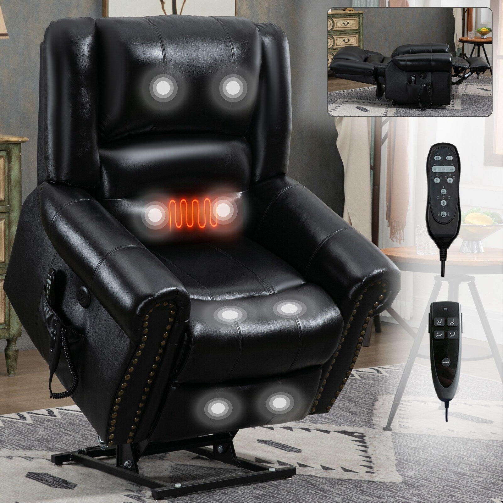 Fauteuil inclinable électrique en cuir véritable marron avec chauffage, massage et ports USB