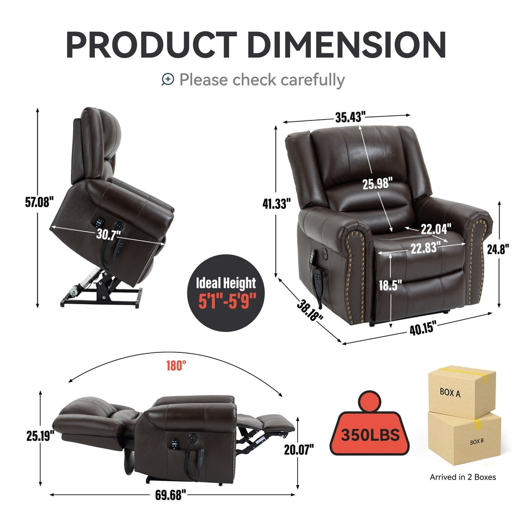 Fauteuil inclinable électrique en cuir véritable marron avec chauffage, massage et ports USB