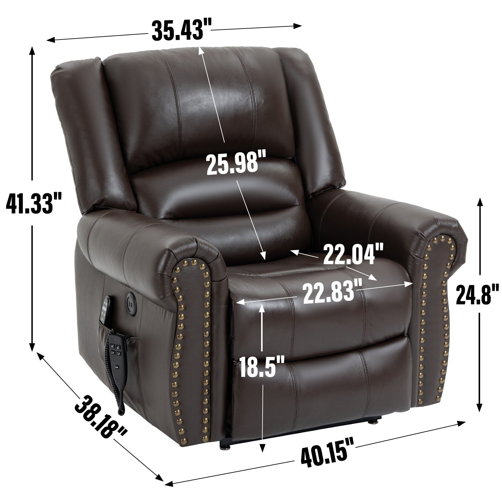 Fauteuil inclinable électrique en cuir véritable marron avec chauffage, massage et ports USB