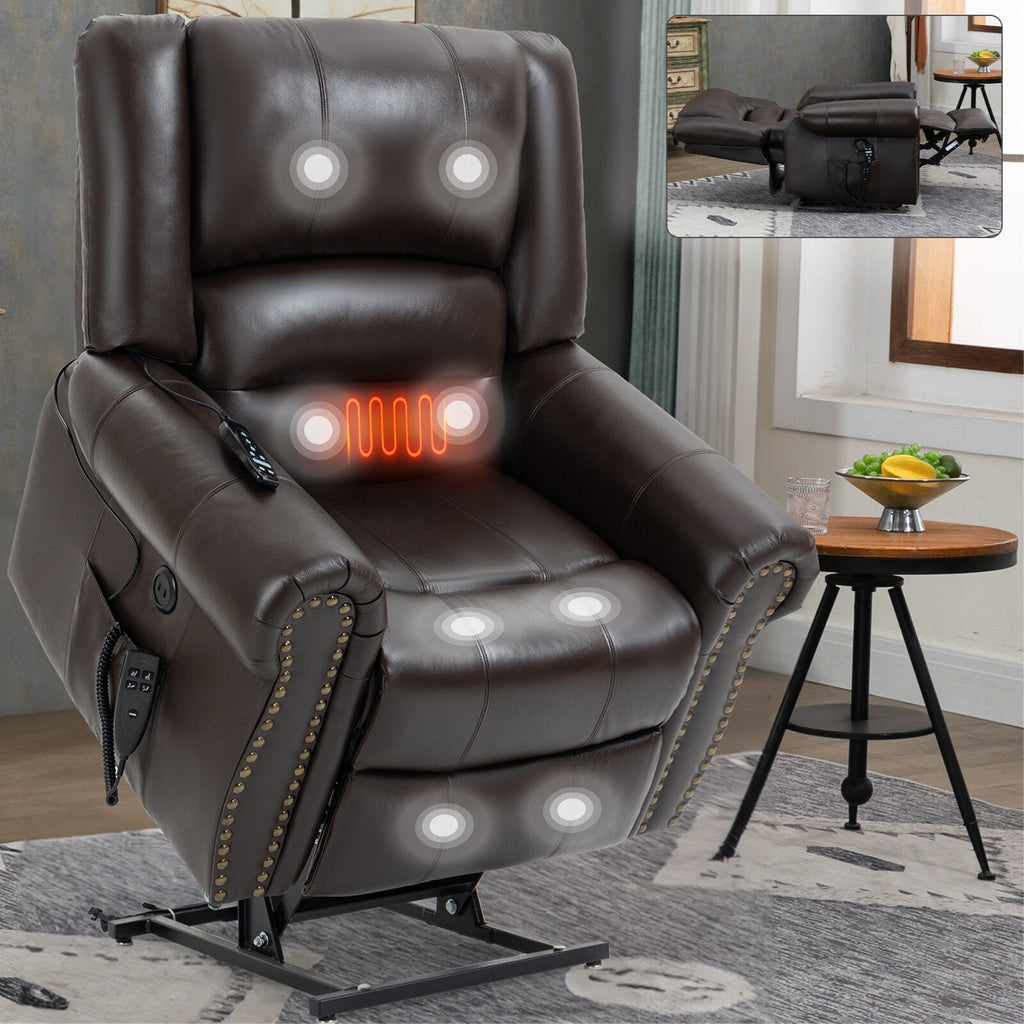 Fauteuil inclinable électrique en cuir véritable marron avec chauffage, massage et ports USB