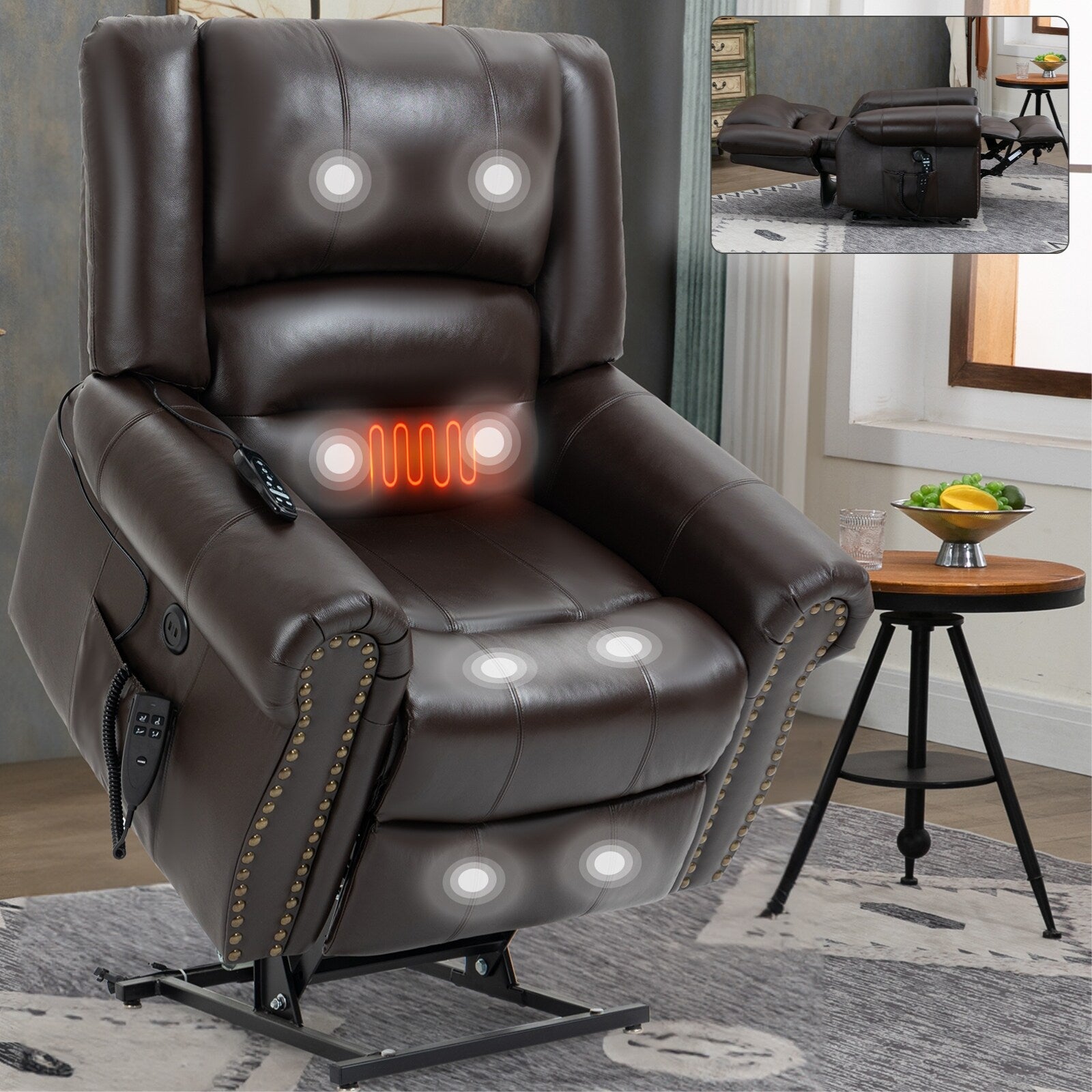 Fauteuil inclinable électrique en cuir véritable marron avec chauffage, massage et ports USB
