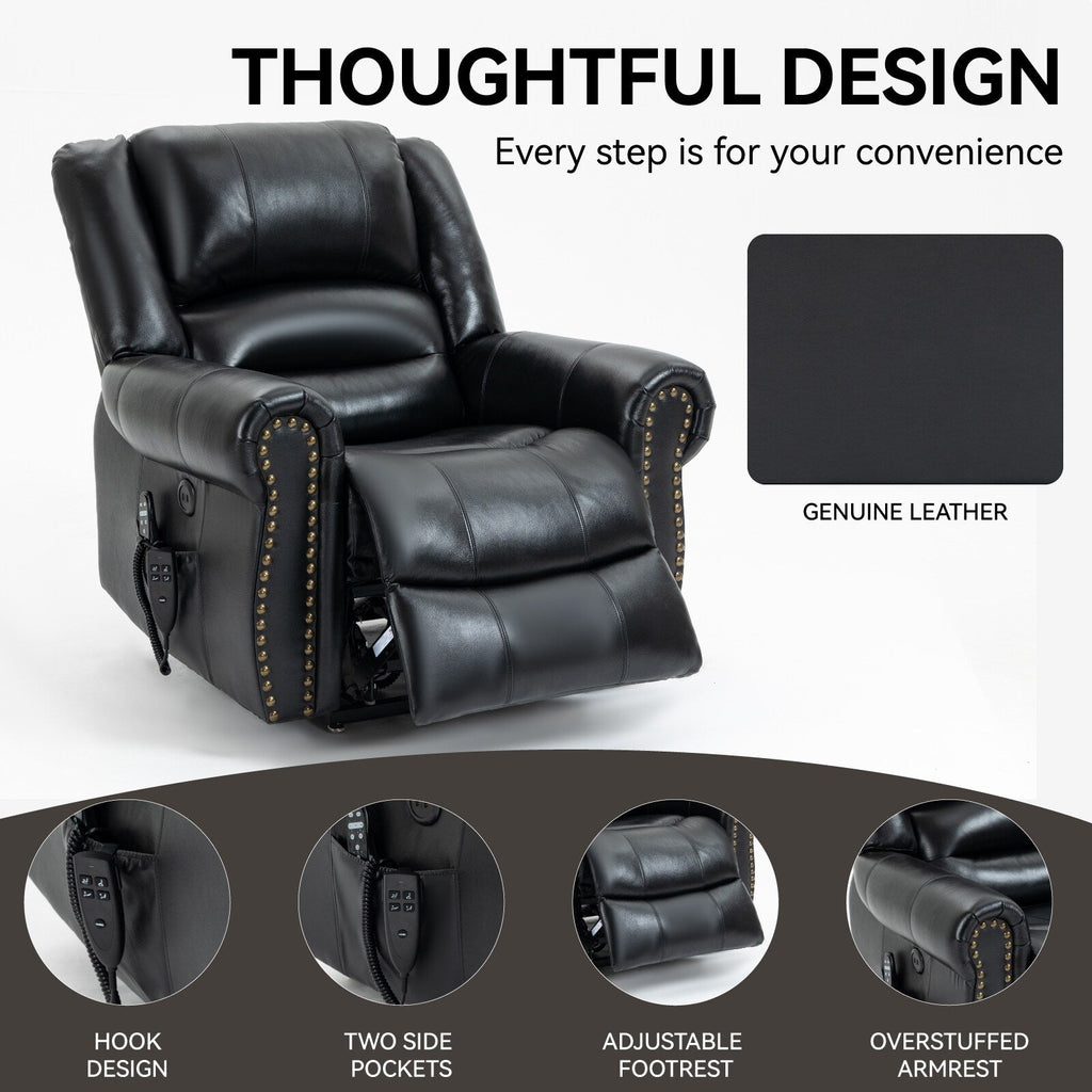 Fauteuil inclinable électrique en cuir véritable marron avec deux moteurs, massage chauffant, ports USB et angles d'inclinaison personnalisables