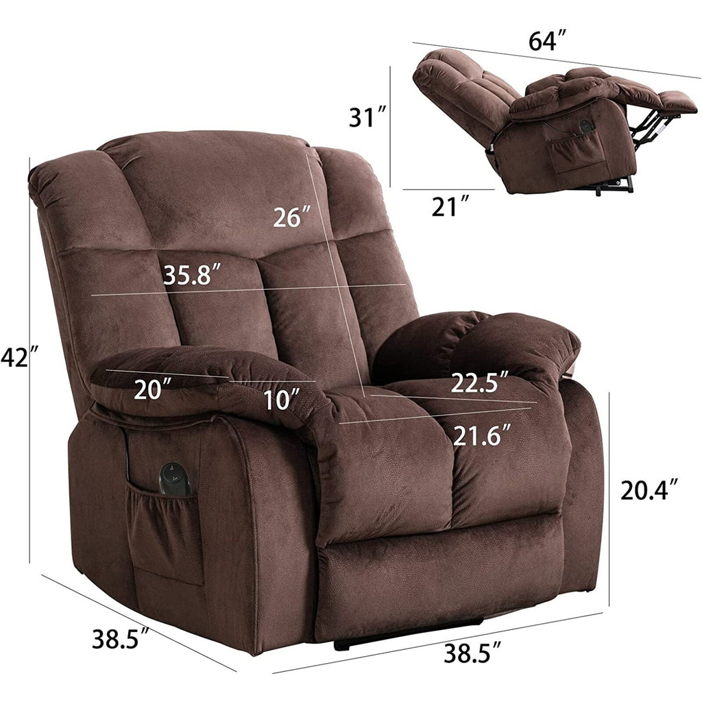 Fauteuil inclinable électrique robuste marron avec tissu antidérapant, coussin rembourré et fonctions réglables pour personnes âgées