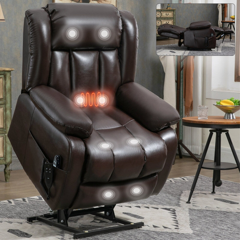 Fauteuil inclinable électrique en cuir marron avec massage, chauffage lombaire et deux moteurs