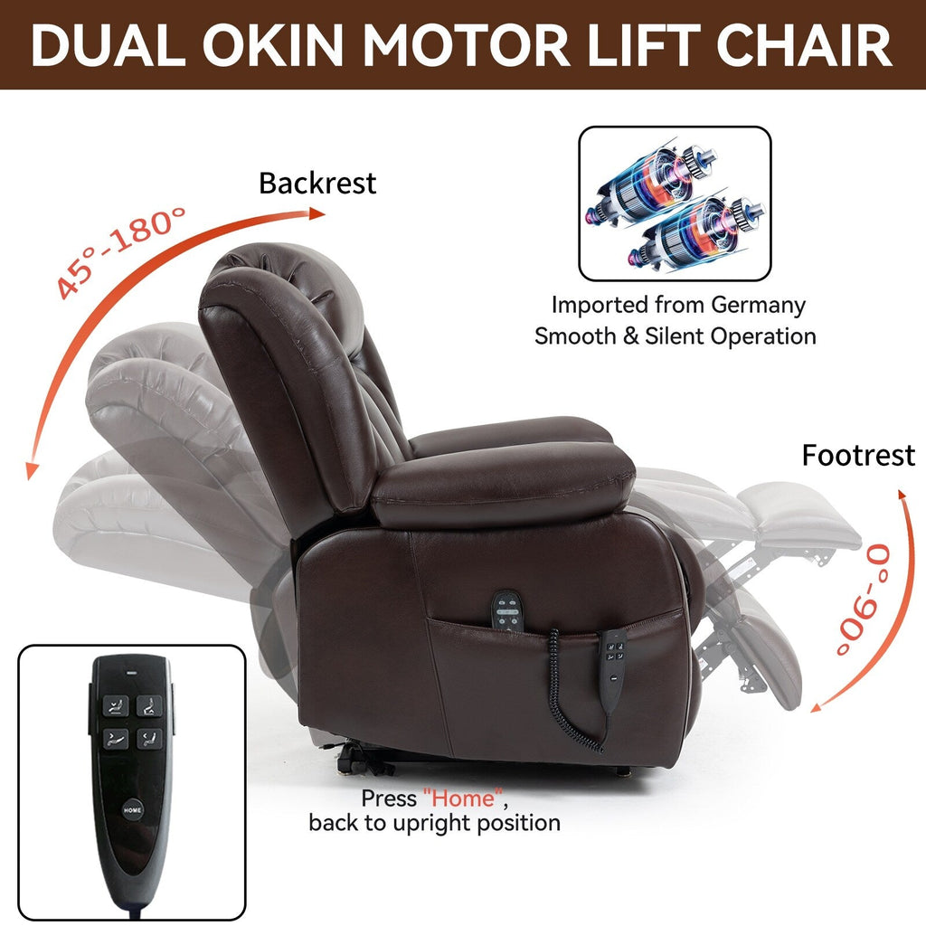 Fauteuil inclinable électrique en cuir marron avec massage, chauffage lombaire et deux moteurs