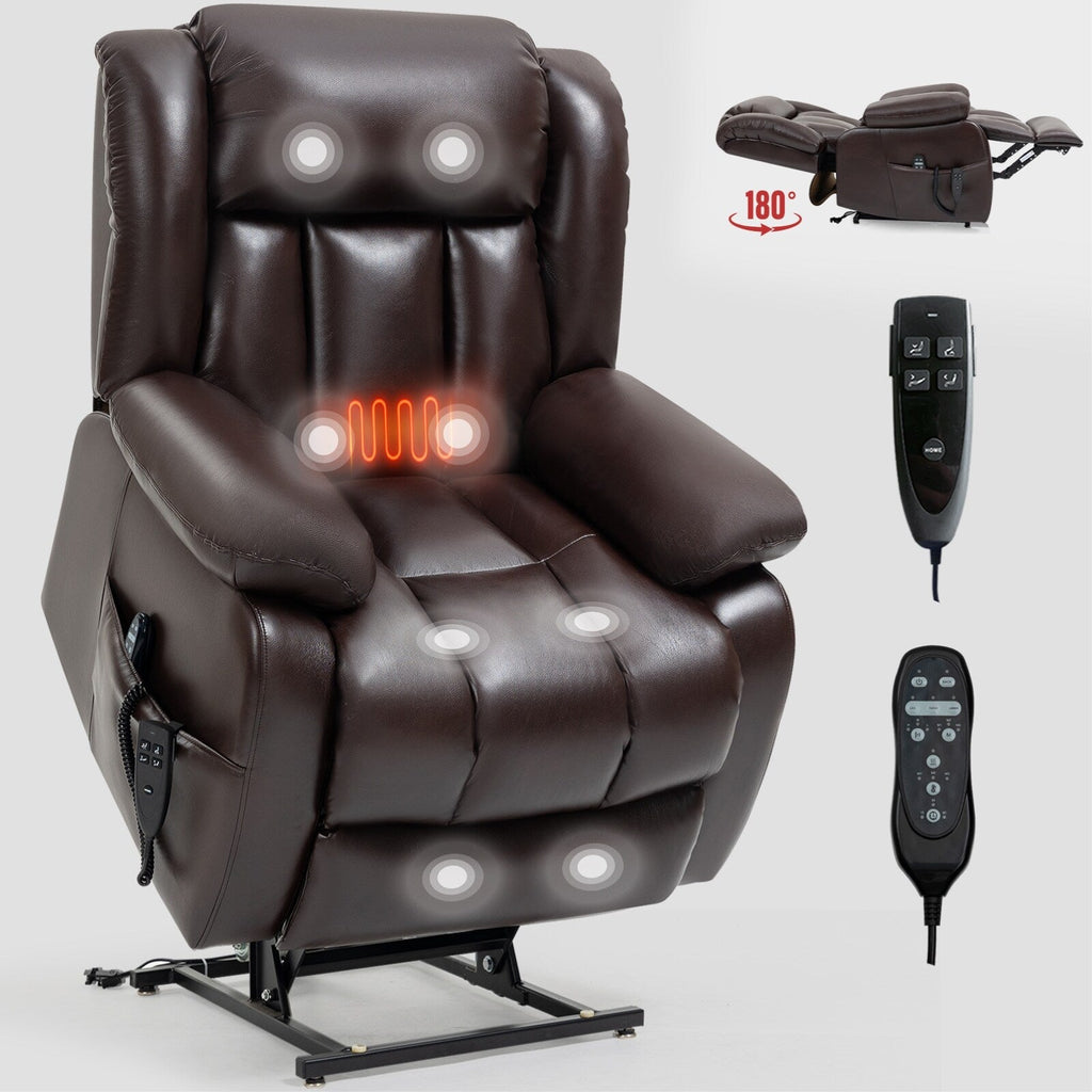 Fauteuil inclinable électrique en cuir marron avec massage, chauffage lombaire et deux moteurs