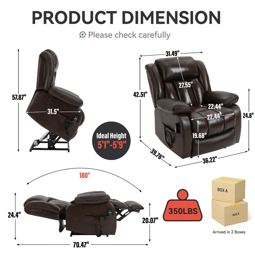 Fauteuil inclinable électrique en cuir marron avec massage, chauffage lombaire et deux moteurs