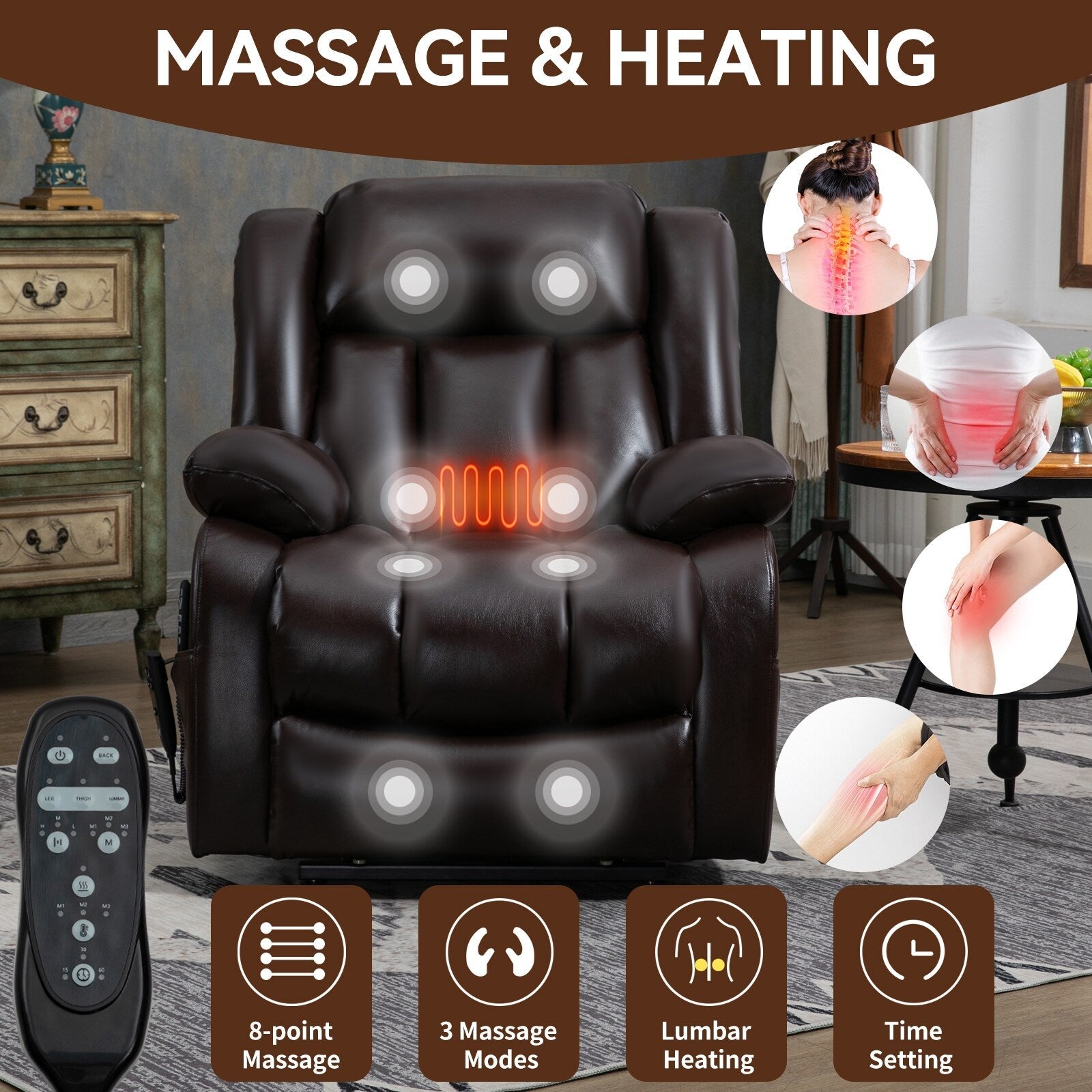 Fauteuil inclinable électrique en cuir marron avec massage, chauffage lombaire et deux moteurs