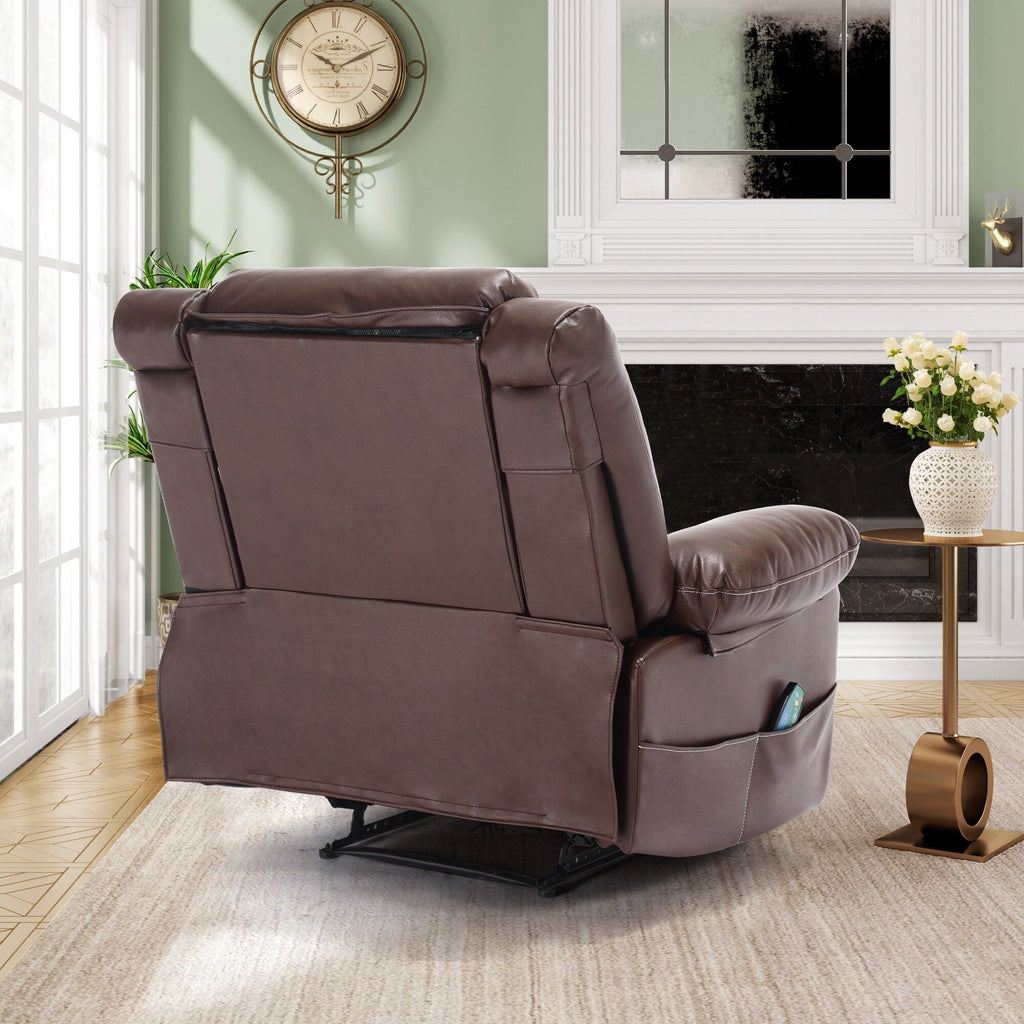 Fauteuil inclinable de massage manuel en cuir marron avec vibrations à 8 points, chauffage lombaire et plusieurs options d'inclinaison