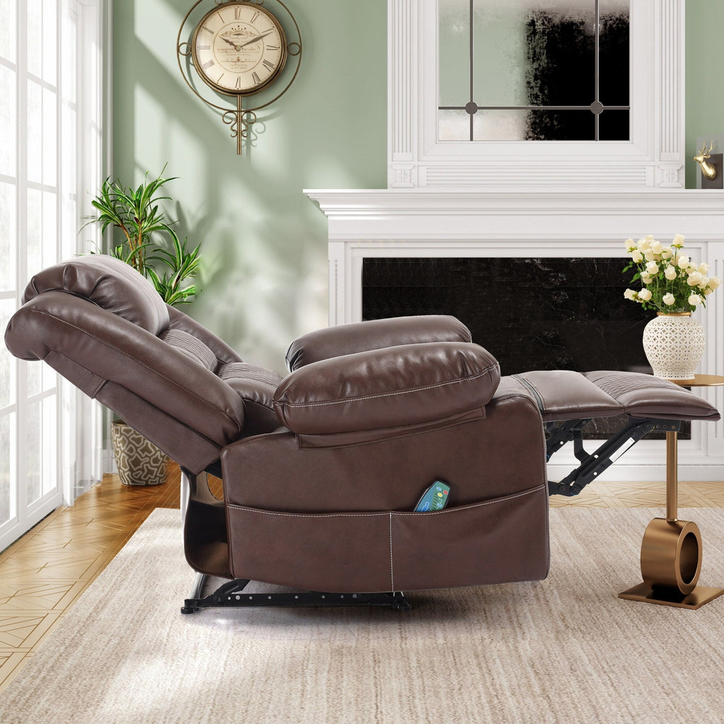 Fauteuil inclinable de massage manuel en cuir marron avec vibration à 8 points, chauffage lombaire et plusieurs positions d'inclinaison