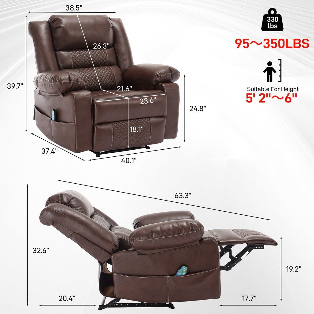 Fauteuil inclinable de massage manuel en cuir marron avec vibrations à 8 points, chauffage lombaire et diverses positions d'inclinaison