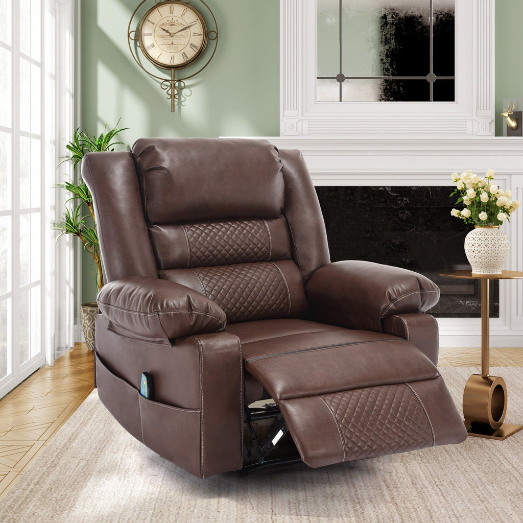 Fauteuil inclinable de massage manuel en cuir marron avec vibrations à 8 points, chauffage lombaire et diverses positions d'inclinaison