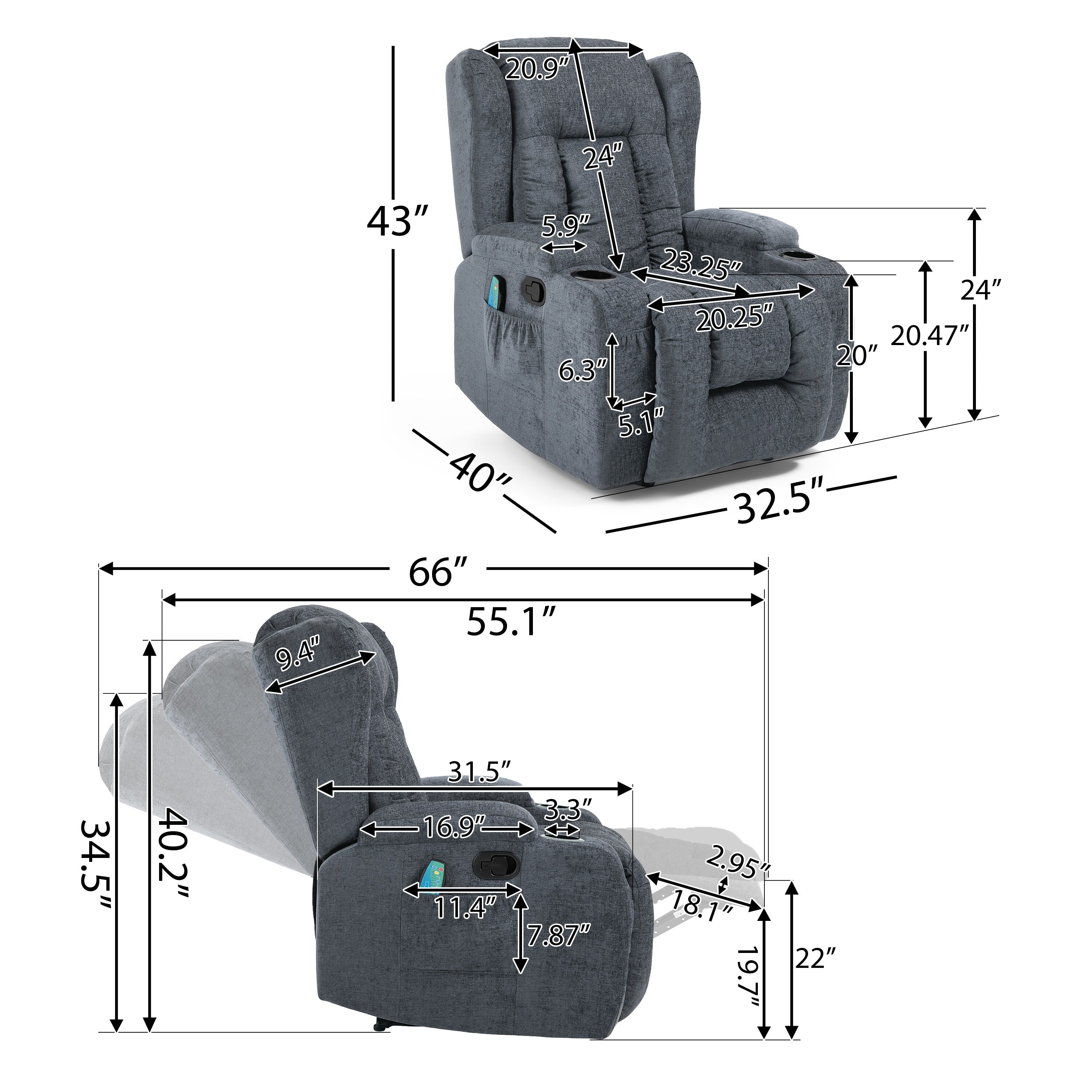 Fauteuil inclinable manuel marron avec 5 modes de massage, chauffage, télécommande, porte-gobelets et poche de rangement latérale
