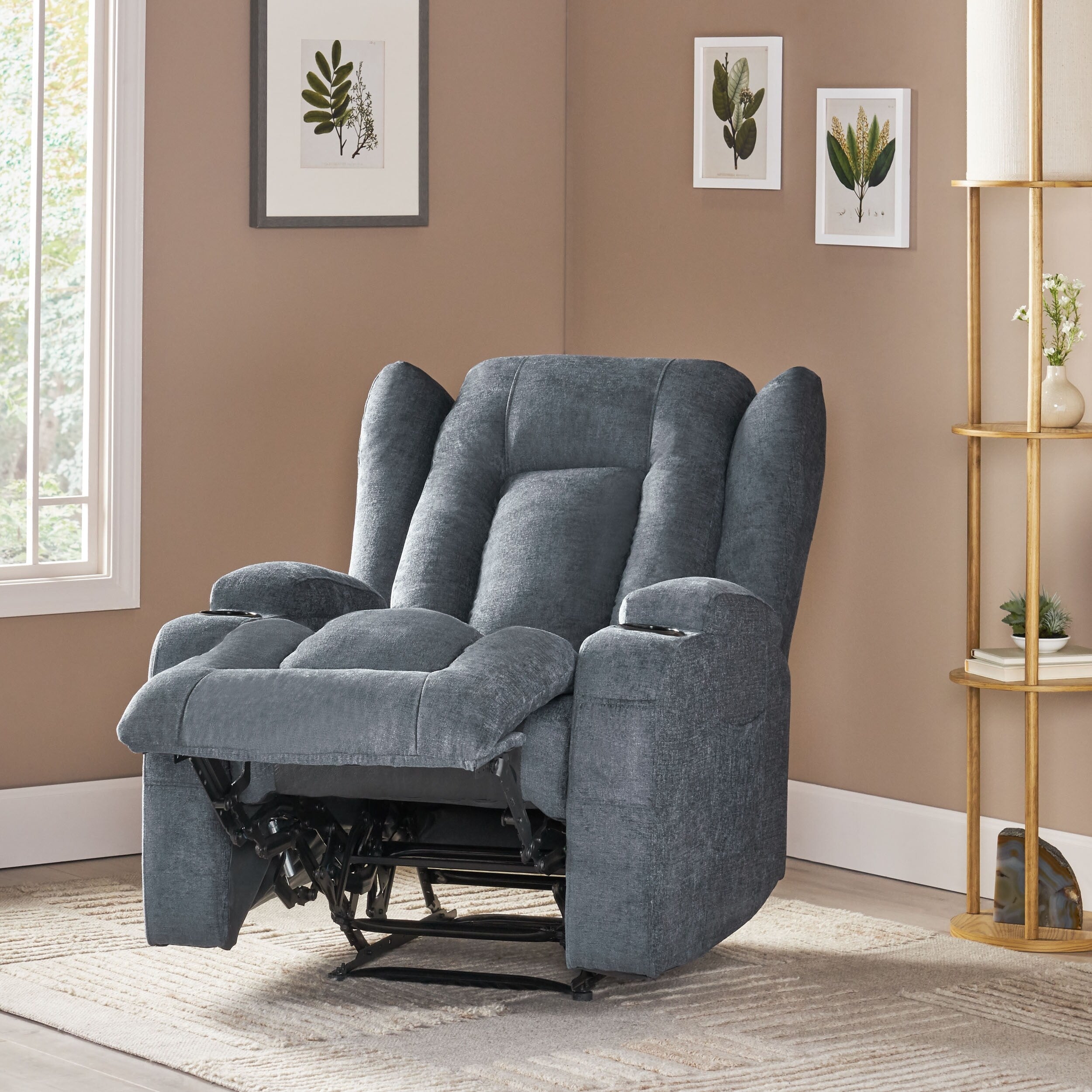 Fauteuil inclinable manuel marron avec 5 modes de massage, chauffage, télécommande, porte-gobelets et poche de rangement latérale