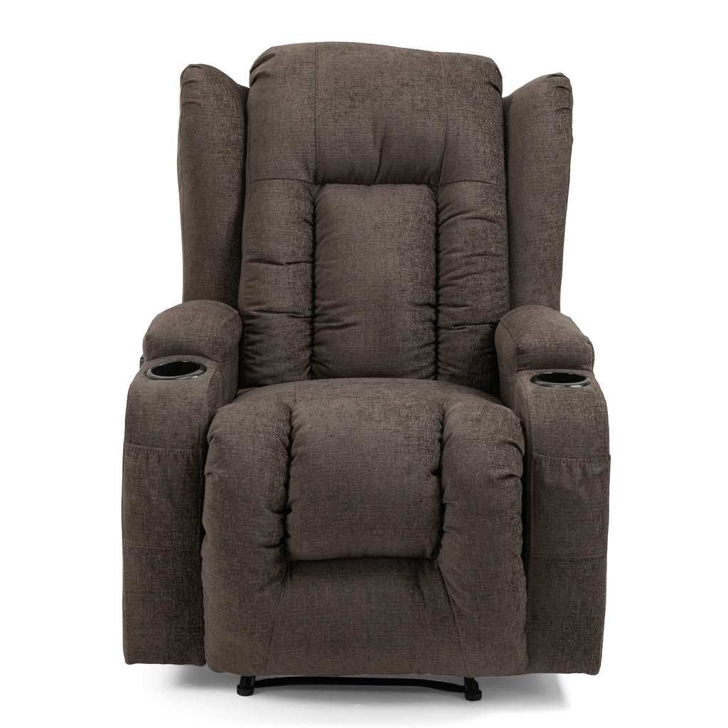 Fauteuil inclinable manuel marron avec 5 modes de massage, chauffage, télécommande, porte-gobelets et poche de rangement latérale