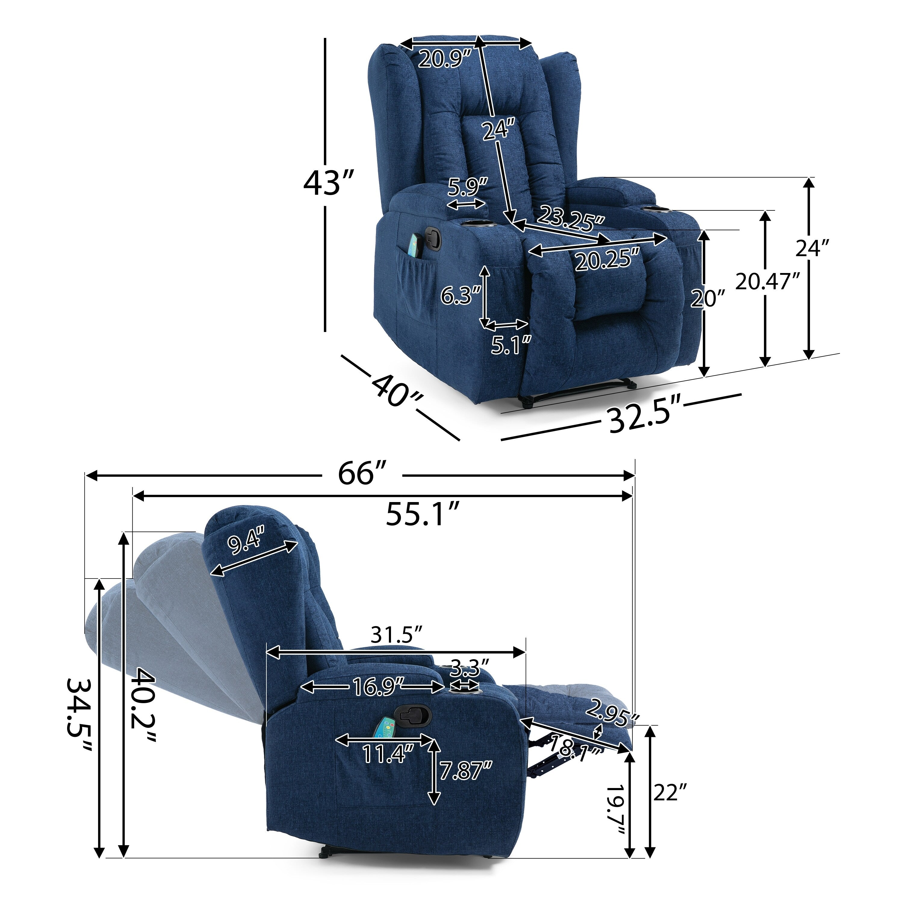Fauteuil de massage inclinable marron avec chauffage, 5 modes de massage, porte-gobelets, télécommande et fonction d'inclinaison manuelle