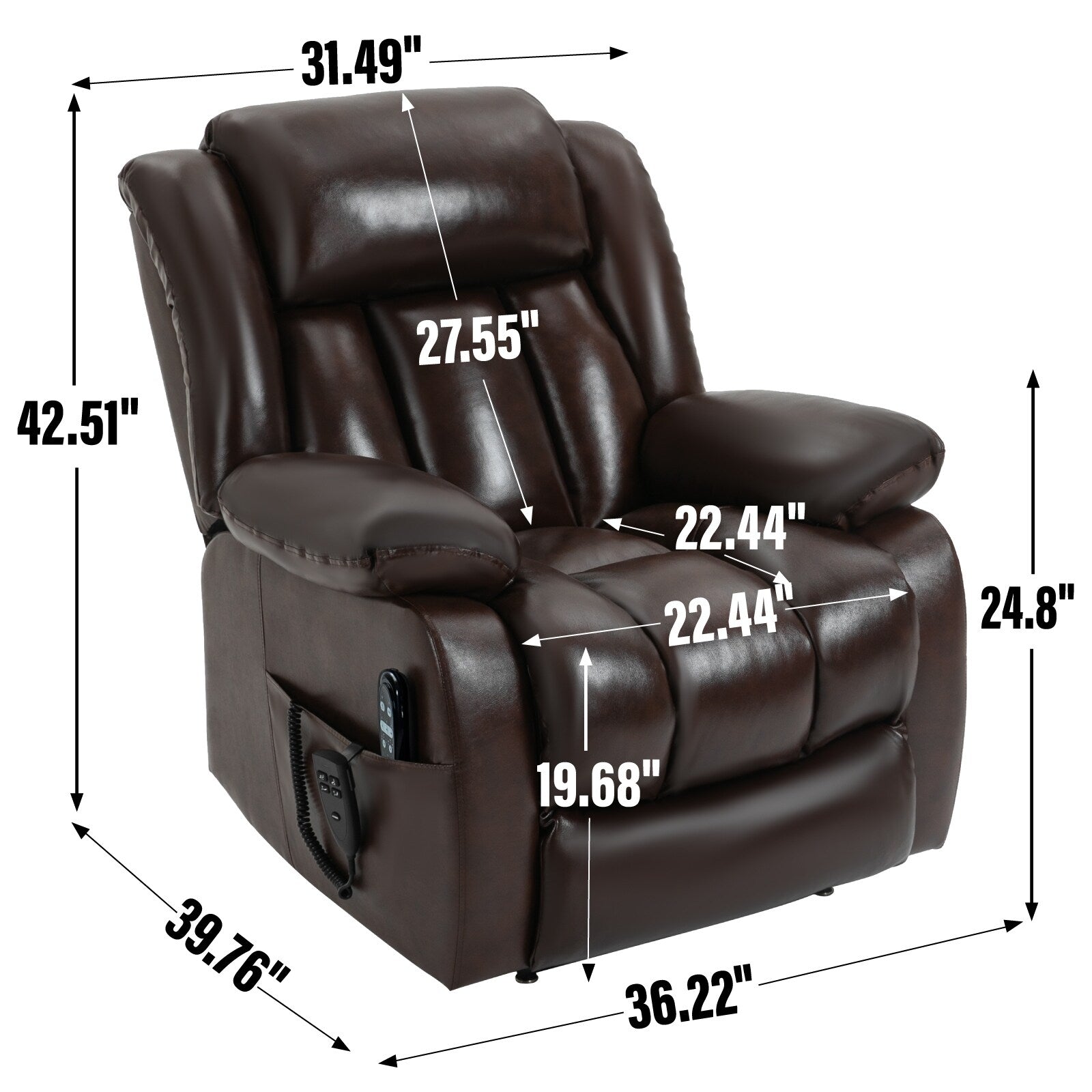 Fauteuil inclinable électrique marron de taille moyenne en cuir véritable avec deux moteurs, massage 8 points et chauffage lombaire