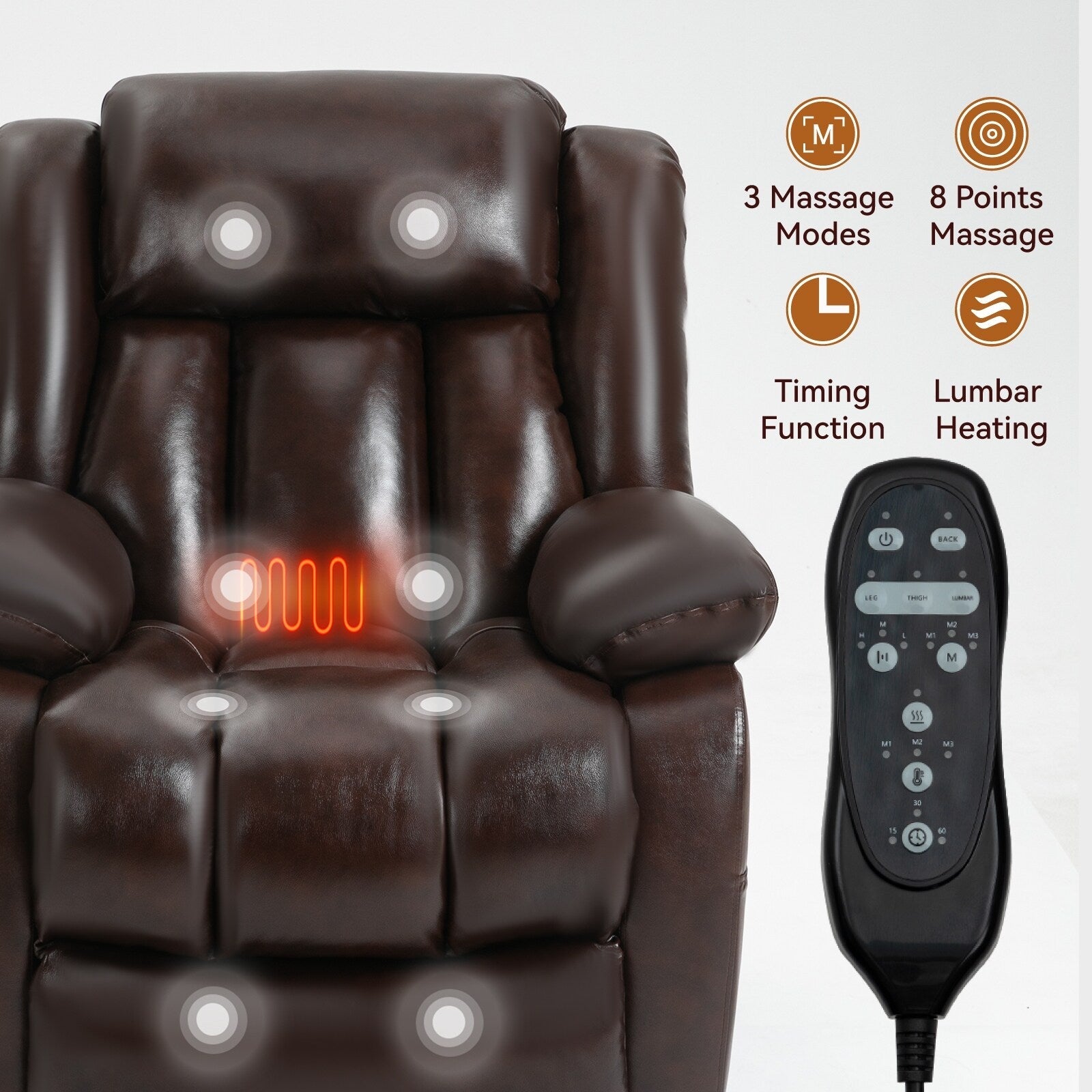 Fauteuil inclinable électrique marron de taille moyenne en cuir véritable avec deux moteurs, massage en 8 points et chauffage lombaire