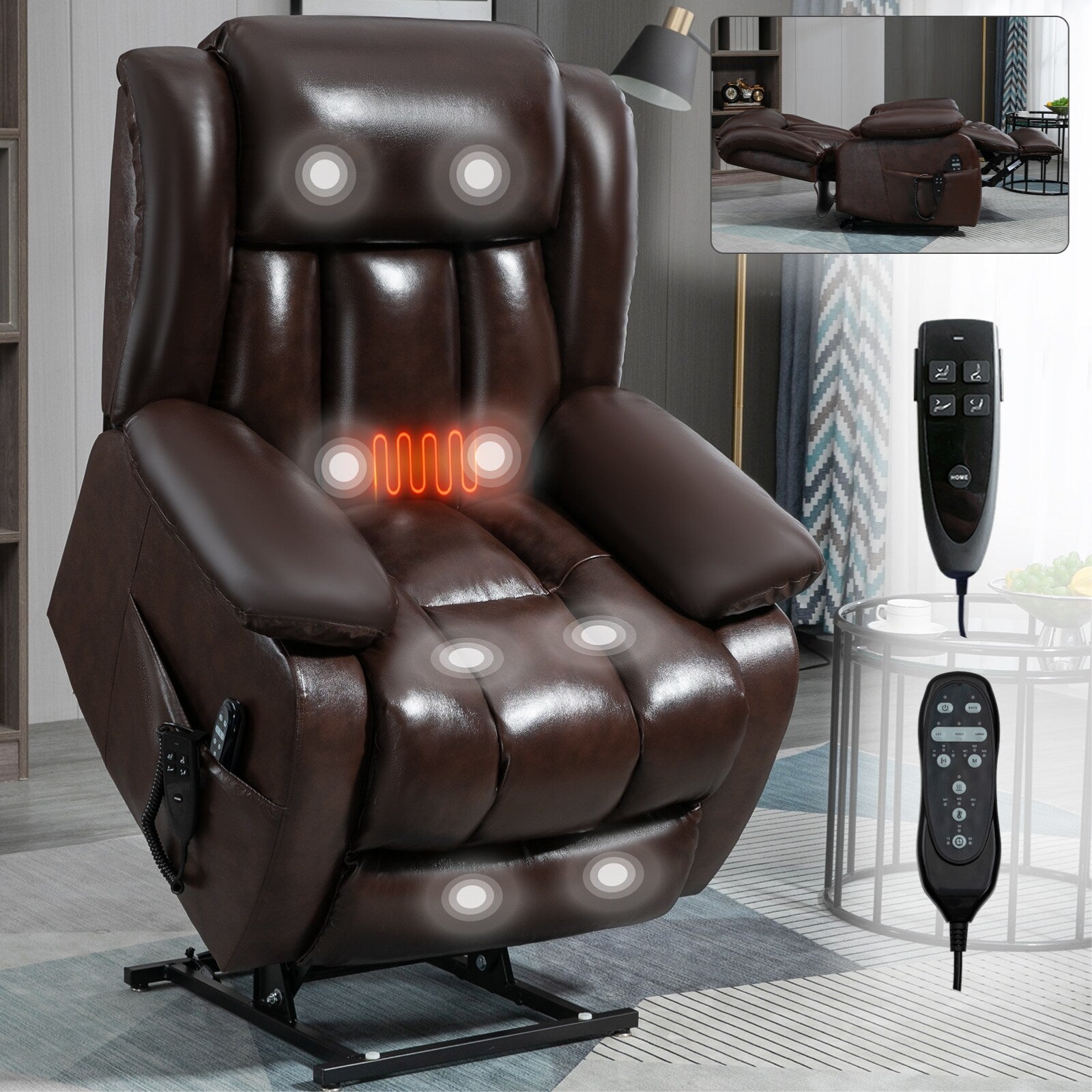 Fauteuil inclinable électrique marron de taille moyenne en cuir véritable avec deux moteurs, massage en 8 points et chauffage lombaire